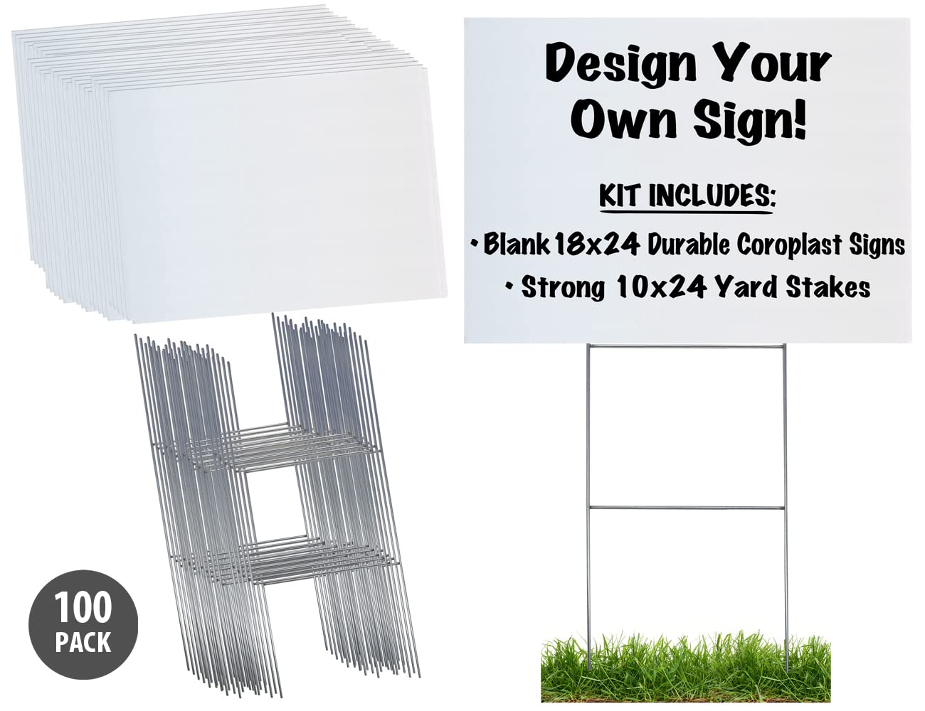 Durable 18x24 Inch White Corrugated Yard Sign Kit - 100 Pack with Heavy-Duty Galvanized Steel H-Stakes (10x24 Inch) - Perfect for Political Campaigns, Real Estate Signs, Yard Sales & Event Advertising