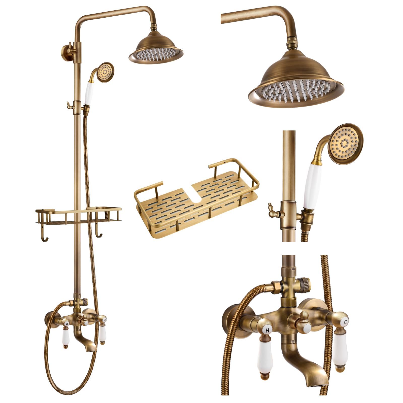 Gotonovo 8-Inch Rainfall Shower Head with Handheld Sprayer - Antique Brass Vintage Bathroom Tub Shower Faucet Set with Wall Mounted Shower Shelf & Tub Spout - Perfect for Modern & Vintage Bathroom Renovations