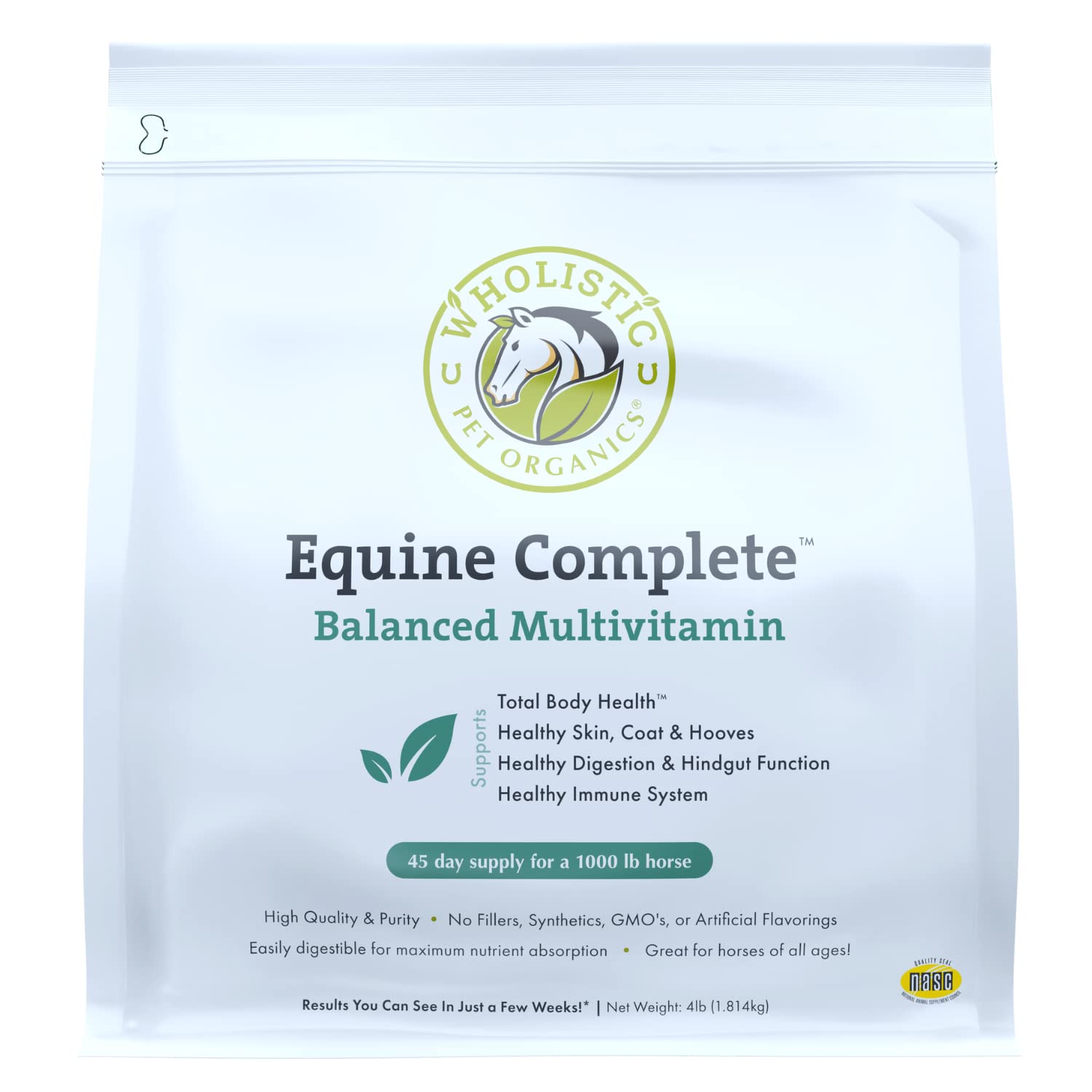 Wholistic Pet Organics Equine Complete - Premium Horse Multivitamin Supplement with Vitamins, Minerals, Prebiotics, Probiotics & Antioxidants for Total Body Health - 4lb Bag - Ideal for Performance Horses, Senior Horses & Everyday Equine Wellness