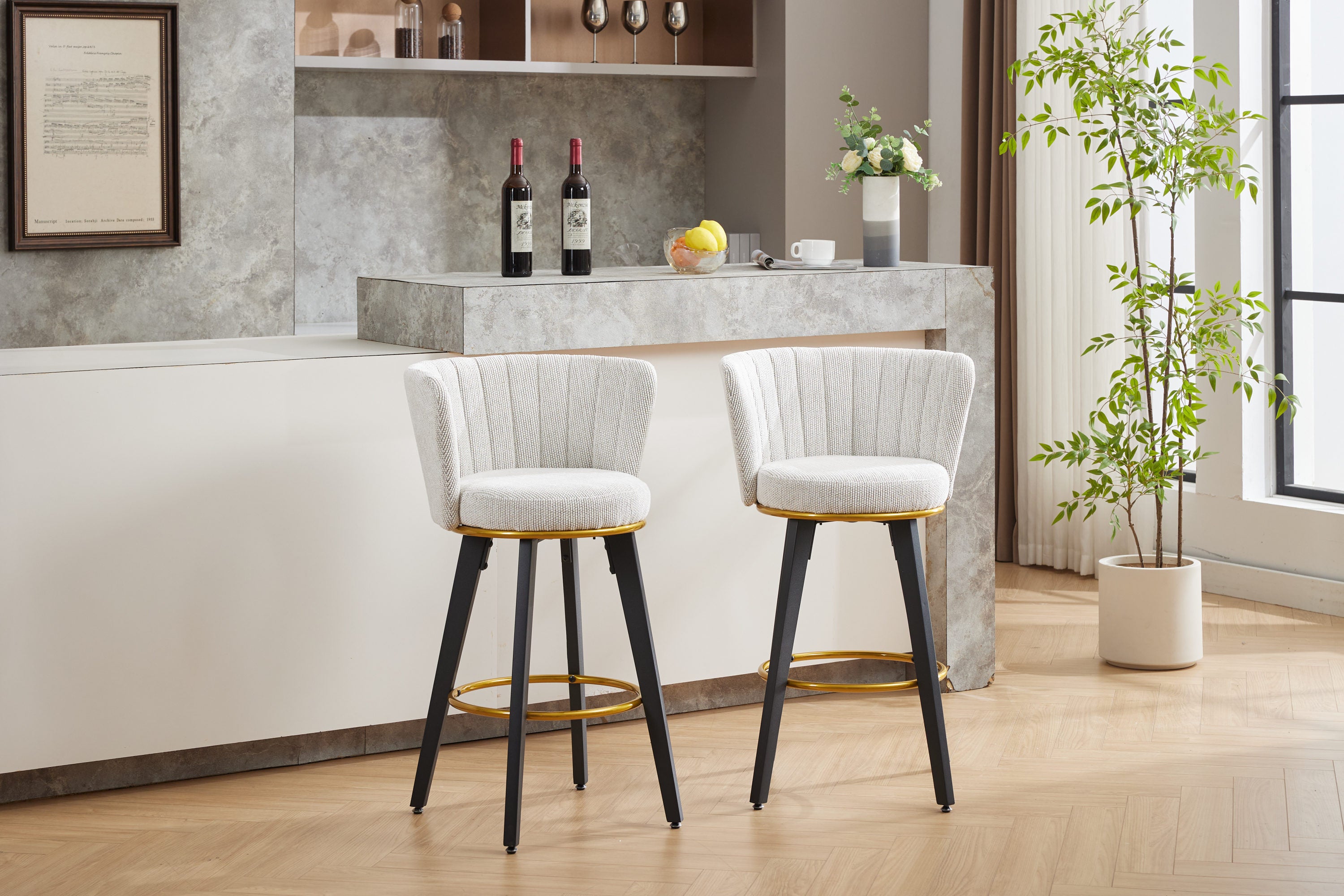 2-Pack Counter Height Bar Stools with 360° Swivel, Upholstered Back & Metal Legs - 26 Inch Seat Height, Velvet Fabric & Gold Footrest - Perfect for Kitchen Islands, Breakfast Bars & Home Decor