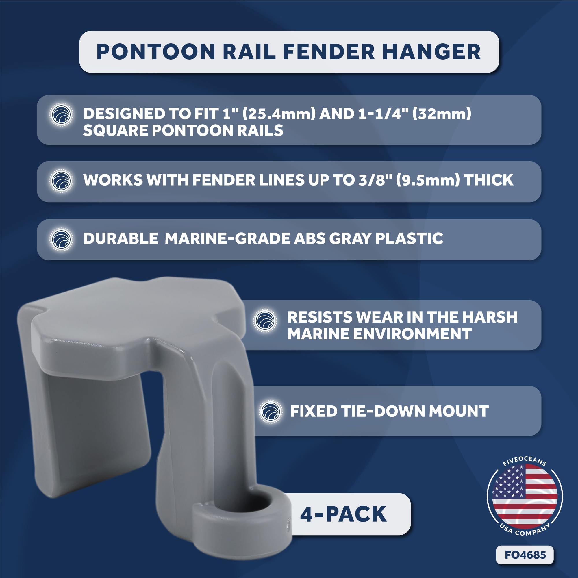Five Oceans Boat Fender Clips - 4 Pack Heavy Duty Pontoon Boat Rail Fender Hangers for Bumpers, Square Rail Boat Fender Holders - Perfect for Dock Protection & Marine Safety (FO4685)