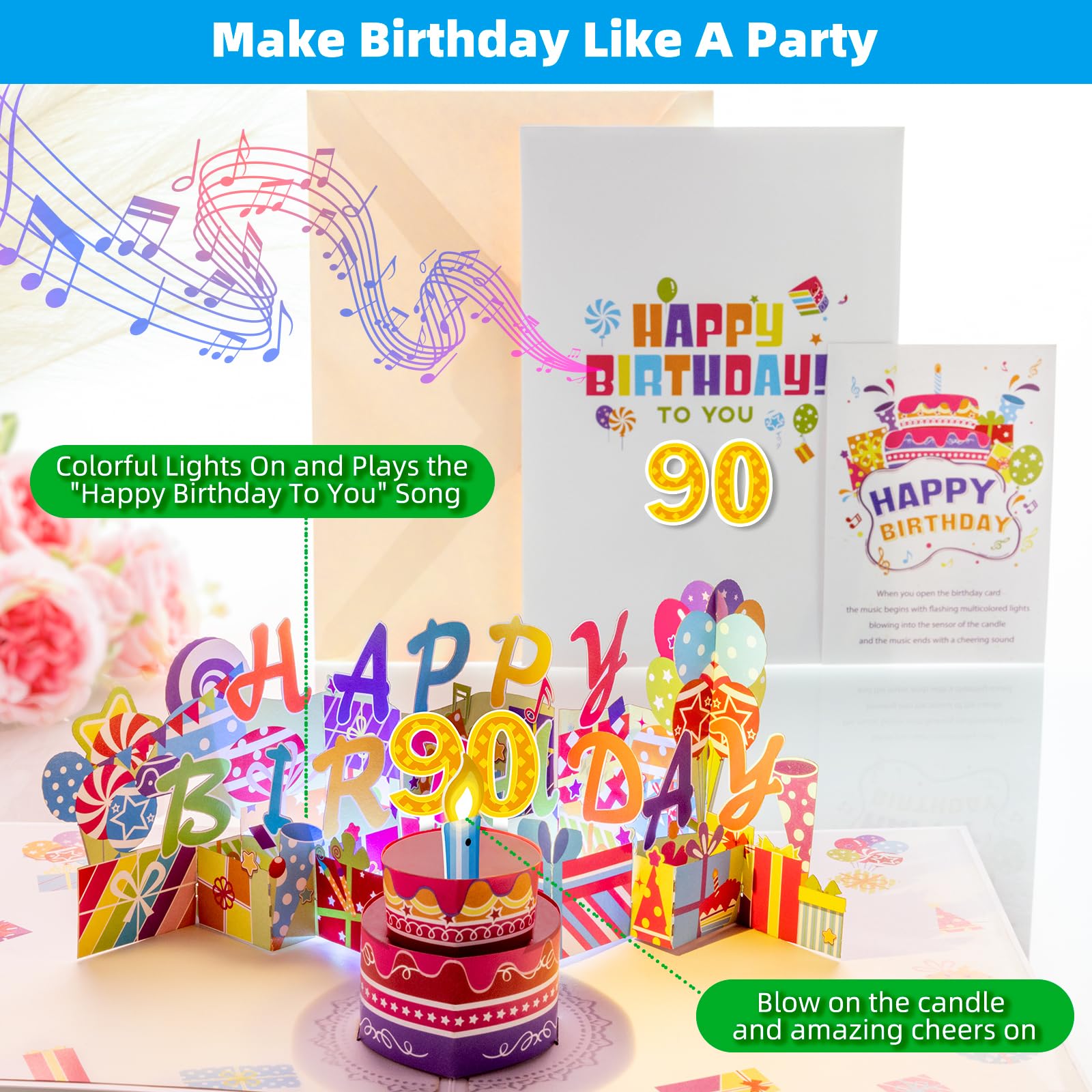 Gumry 90th Birthday Musical Pop-Up Greeting Card with Blowable Colorful LED Candles, 3D Design & Birthday Song - Perfect 90th Birthday Gift for Women & Men - Great for Milestone Celebrations, Anniversaries, and Special Occasions
