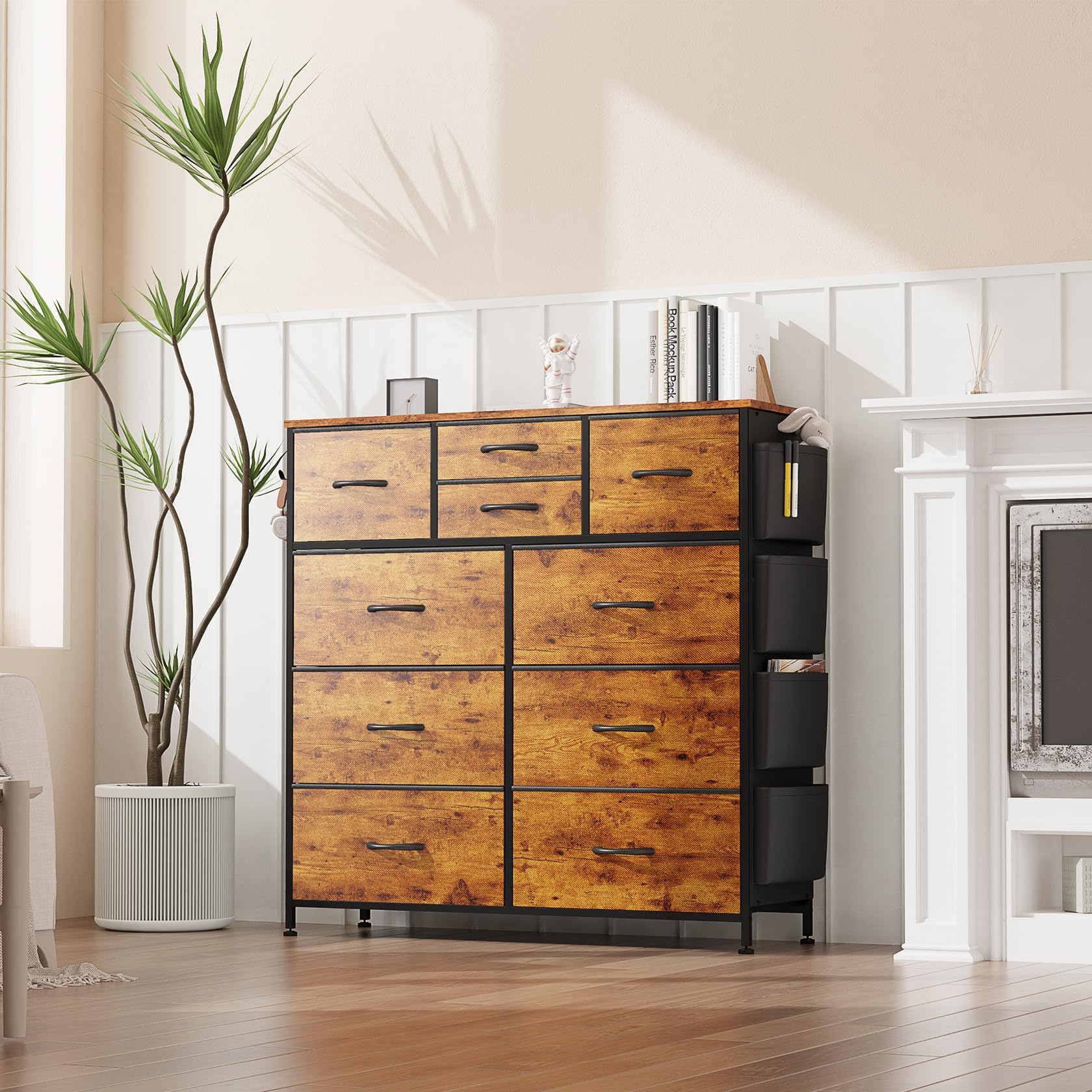 10-Drawer Dresser with Wooden Top & Metal Frame - Fabric Storage Chest with Side Pockets & Hooks for Bedroom, Living Room, Closet & Hallway Organization (Brown) | Perfect for Small Spaces & Home Decor