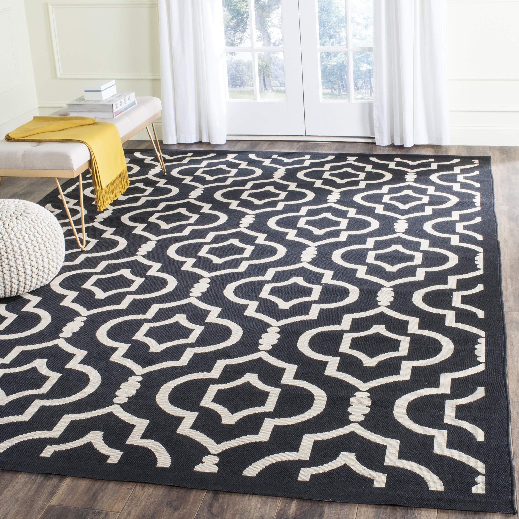 SAFAVIEH Courtyard Collection 8' x 11' Navy/Beige Indoor Outdoor Waterproof Rug - Easy Cleaning Patio, Backyard, Mudroom Area Rug for Home Decor & High Traffic Areas
