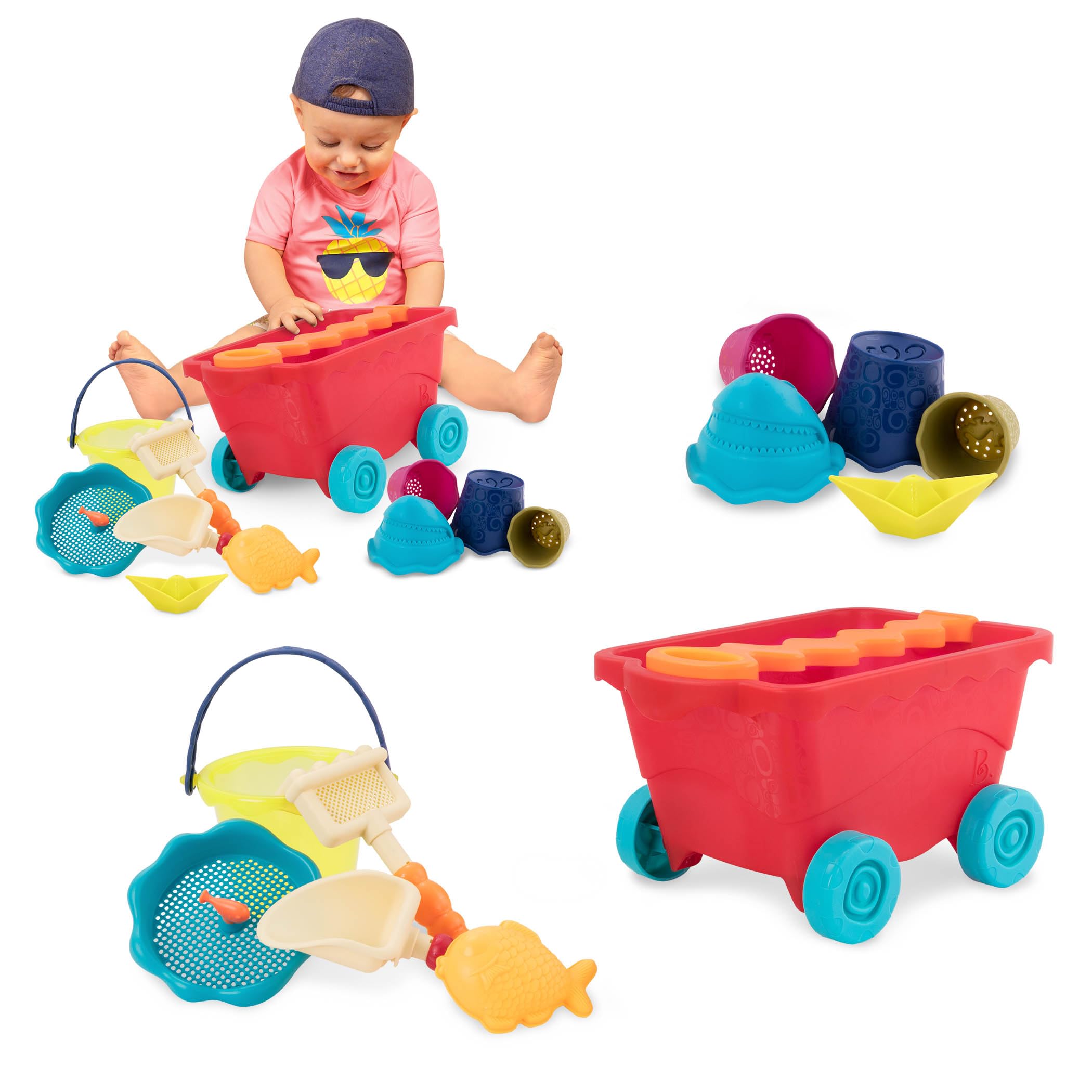 B. Toys Wavy-Wagon - 10-Piece Beach Sand Play Set for Toddlers & Kids Ages 18+ Months - Summer Outdoor Sandbox & Water Play Toys - Perfect for Beach Trips, Backyard Fun & Sensory Play (Red)