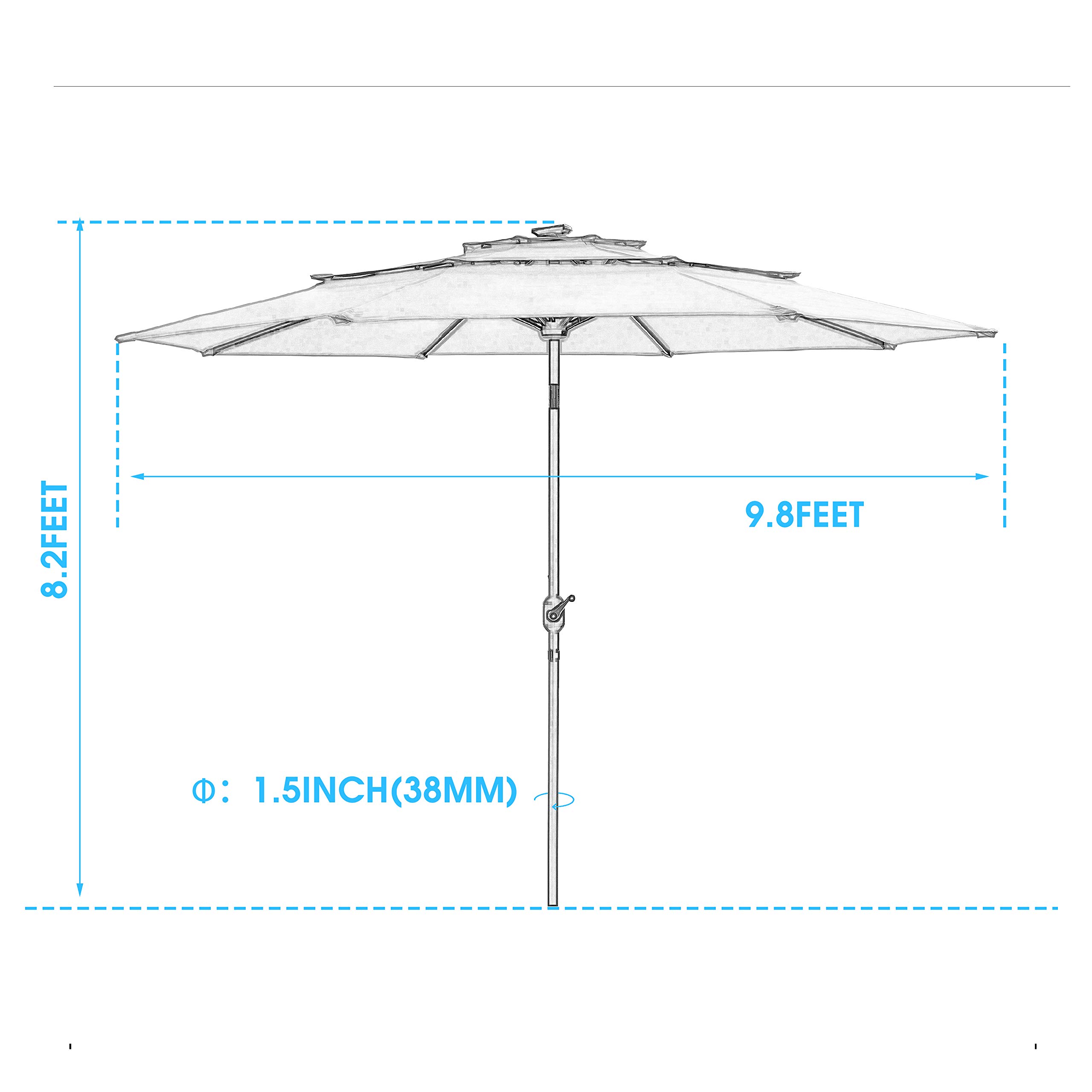 LOKATSE HOME 9.5 Foot Solar Powered LED Patio Umbrella with 3-Tier Design, Tilt Adjustment & Crank Handle - 8 Aluminum Ribs & Metal Pole for Outdoor Garden, Deck, Poolside & Market Use - Perfect for Backyard, Patio Furniture and Coffee Shop Outdoor Seating