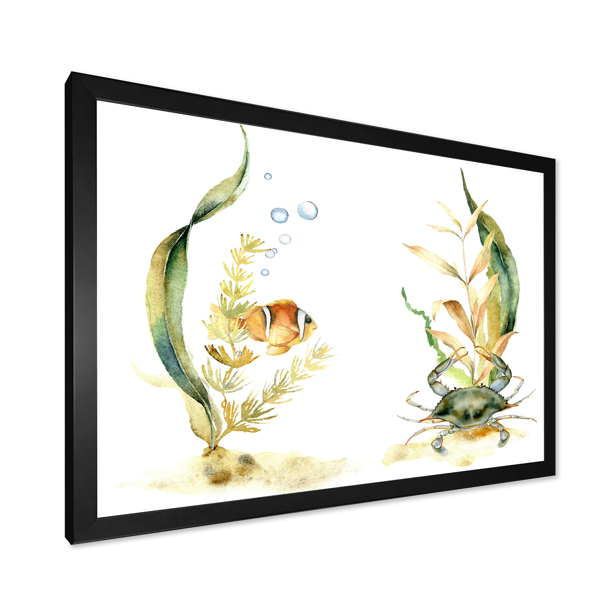 DesignQ Tropical Fish with Algae & Air Bubbles Framed Wall Art - Ocean Theme Home Decor for Living Room, Bedroom & Office