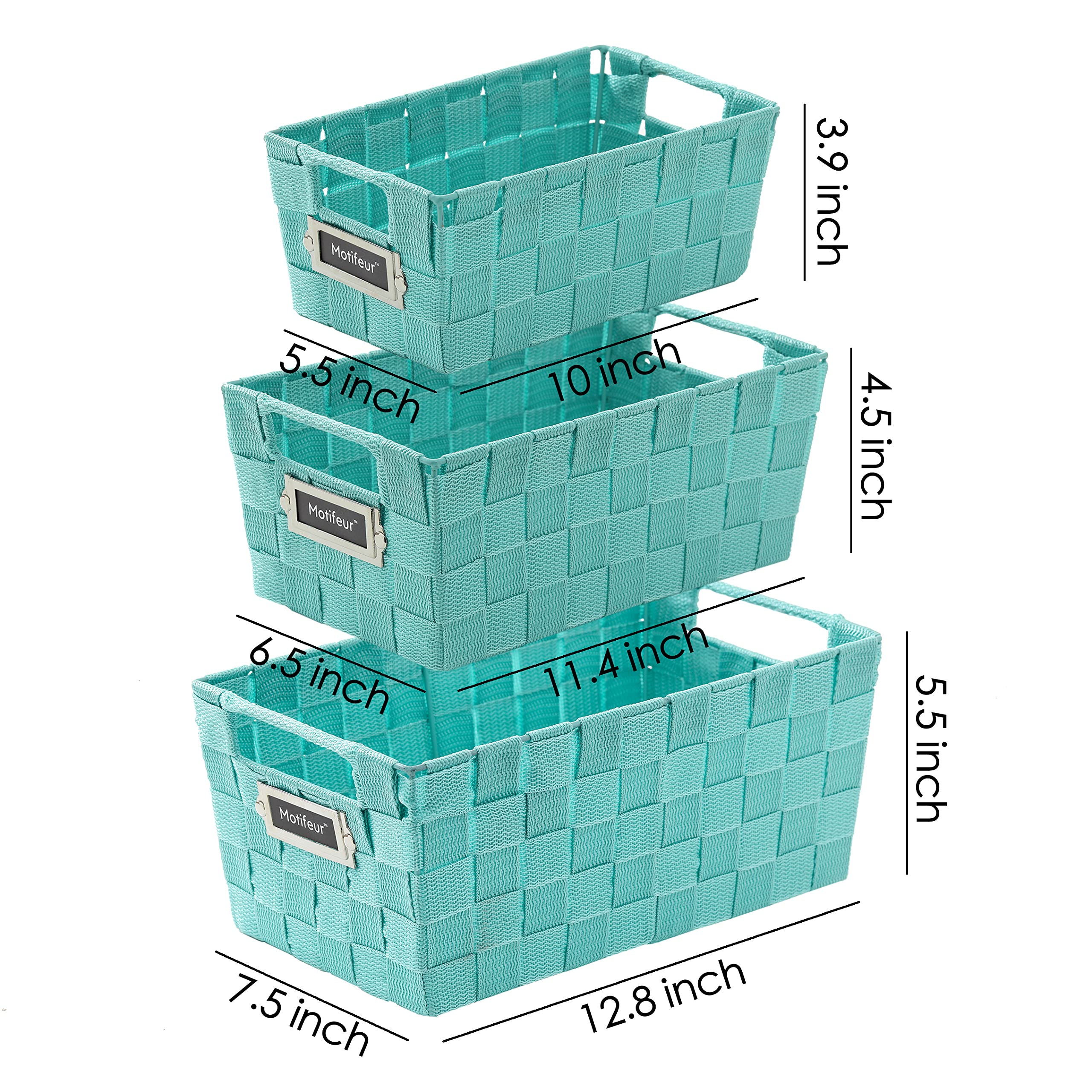 Decorative Woven Storage Baskets Set of 3 - Handmade Nesting Bins with Cutout Handles & Labels for Bathroom Countertop, Shelves, Closet & Pantry Organization | Perfect for Home Decor, Laundry Room & Bedroom Storage (Green)