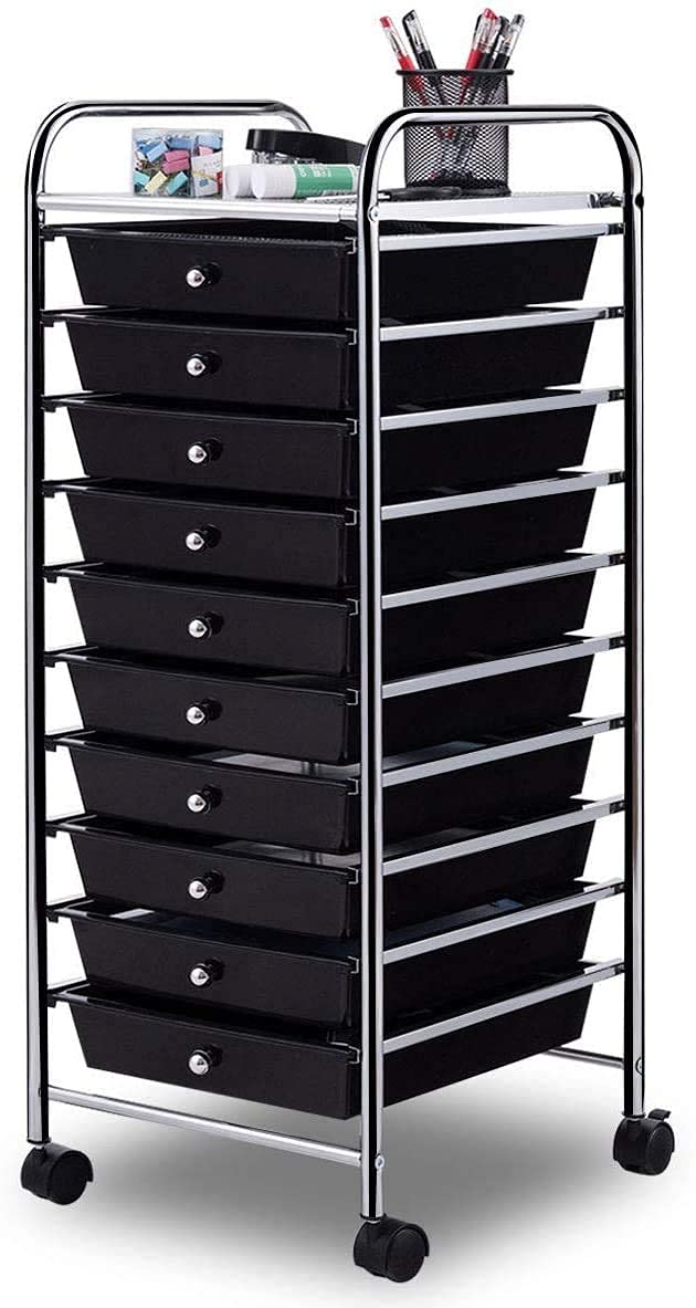 10-Drawer Rolling Storage Cart - Mobile Organizer Trolley for Office, Home & School - Black Multipurpose Utility Cart for Scrapbooking, Craft Supplies & Office Organization