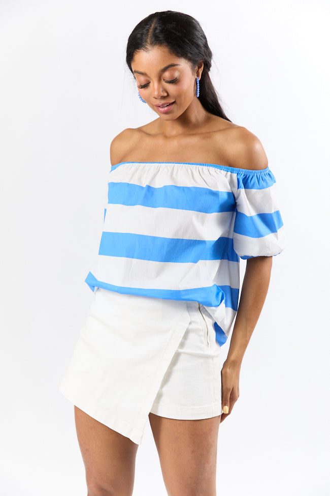 Never Want To Leave Blue Oversized Stripe Off The Shoulder Top - Women's Fashion Trendy Casual Blouse for Summer Beach & Date Night Outfits