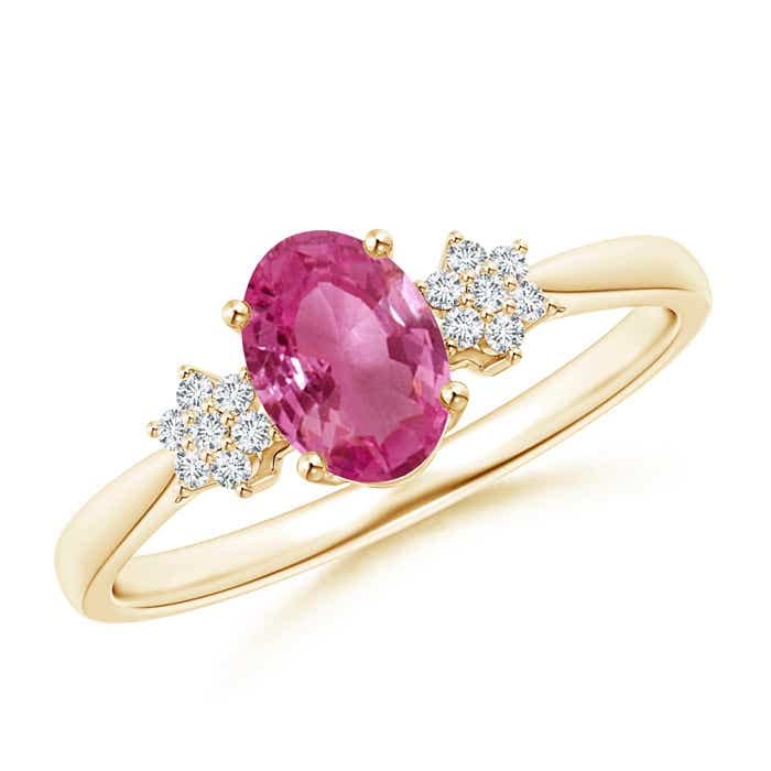14K Yellow Gold Oval Pink Sapphire Solitaire Ring with Diamond Clusters (7x5mm) - Elegant Engagement, Anniversary Gift for Her, Perfect for Valentine's Day & Special Occasions