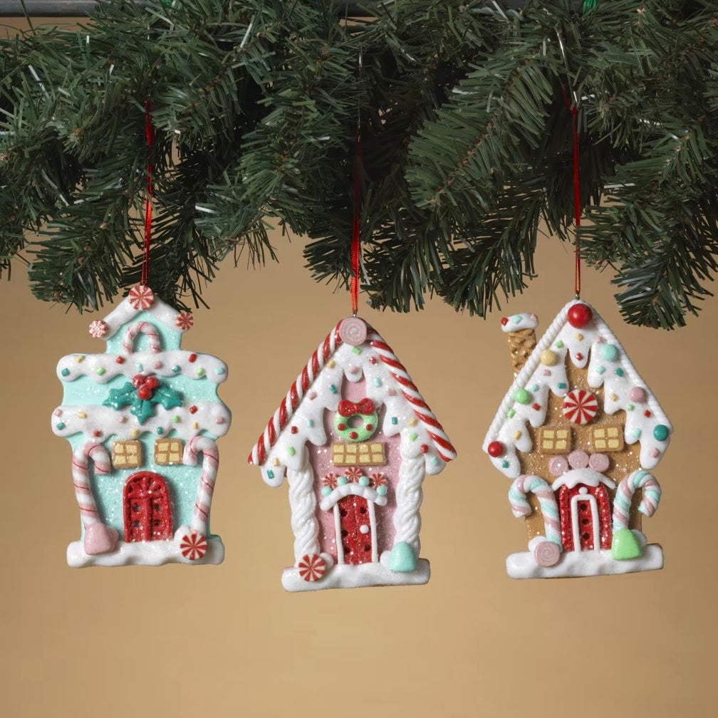 5 Pack Frosted Gingerbread House Christmas Ornaments - Handmade Holiday Decor for Tree, Mantel & Festive Home Decorations