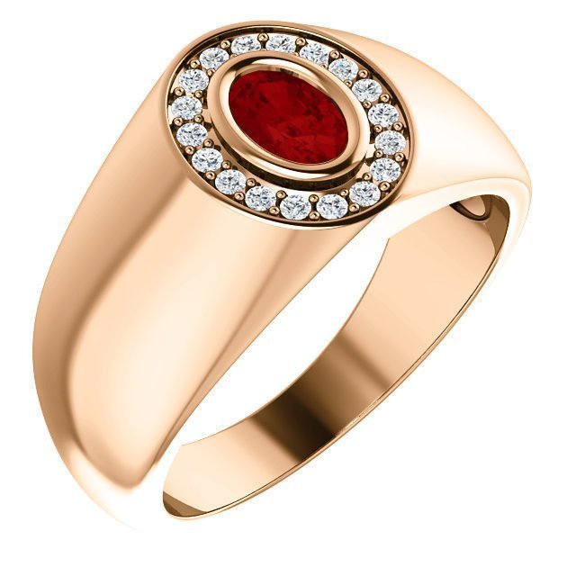 14K Gold Men's Ruby and Diamond Oval Halo Ring - 0.60ct Ruby & 0.18ctw Diamond Engagement Wedding Band for Him - Perfect for Proposals, Anniversaries and Special Occasions