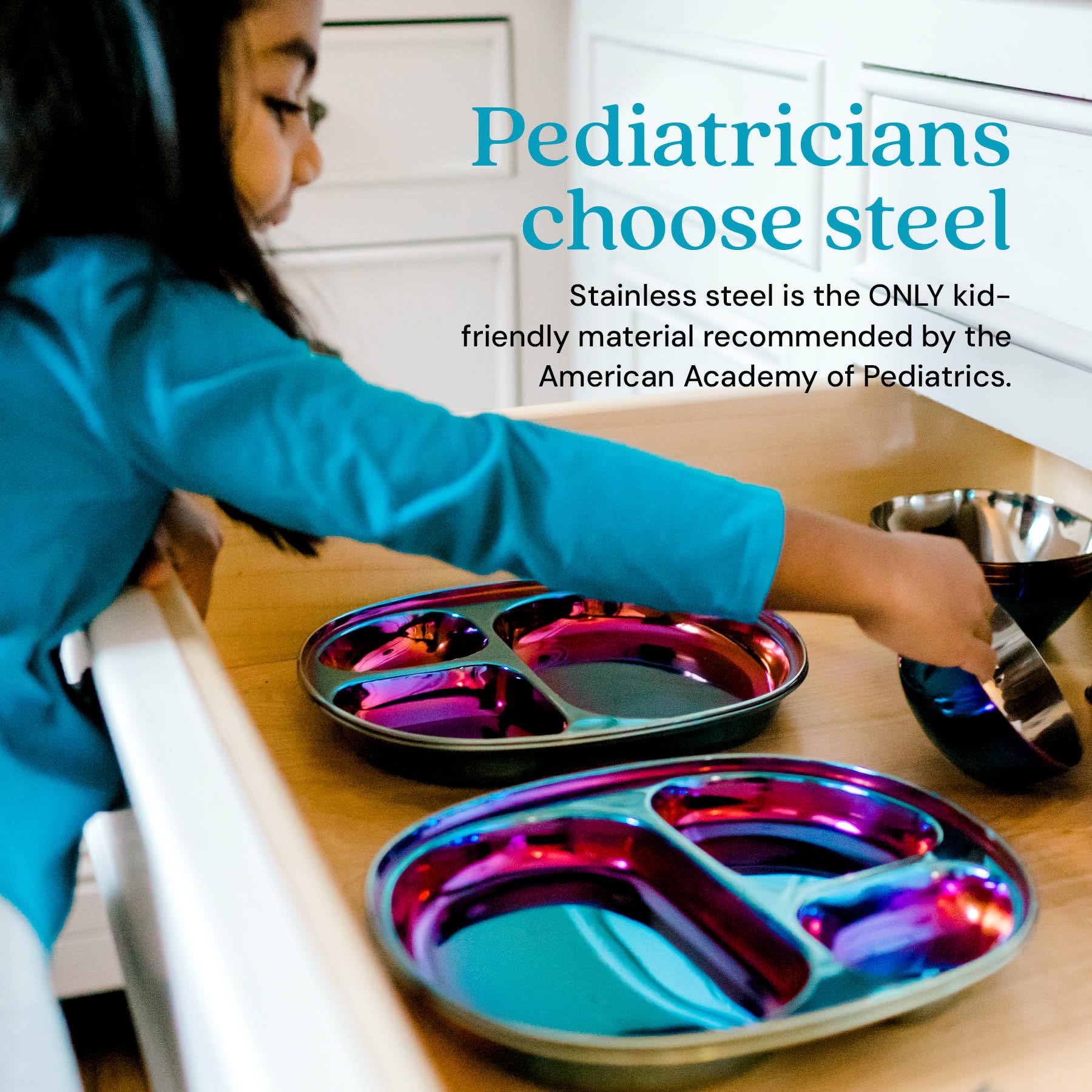 Ahimsa Stainless Steel Divided Plates for Kids & Toddlers - BPA Free, Non-Toxic, Dishwasher Safe | Pediatrician Designed Baby Plates for Healthy Meals (Set of 4, Blue) - Perfect for Daycare, School Lunches & Picky Eaters