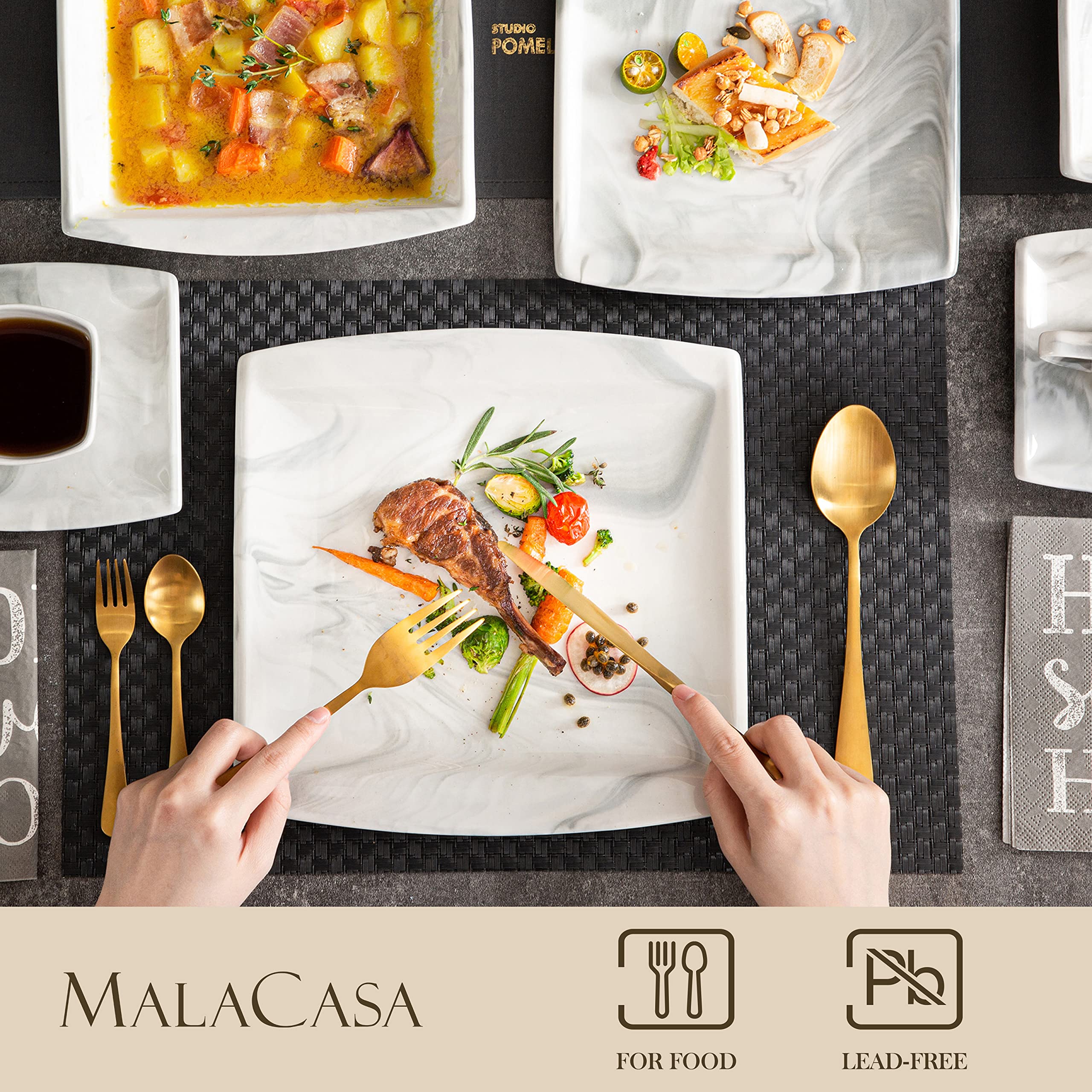 MALACASA 60-Piece Porcelain Dinnerware Set for 12 - Square Marble Plates, Bowls, Cups & Saucers - Modern White Dishware Set for Formal Dining, Restaurant, Wedding & Home Decor