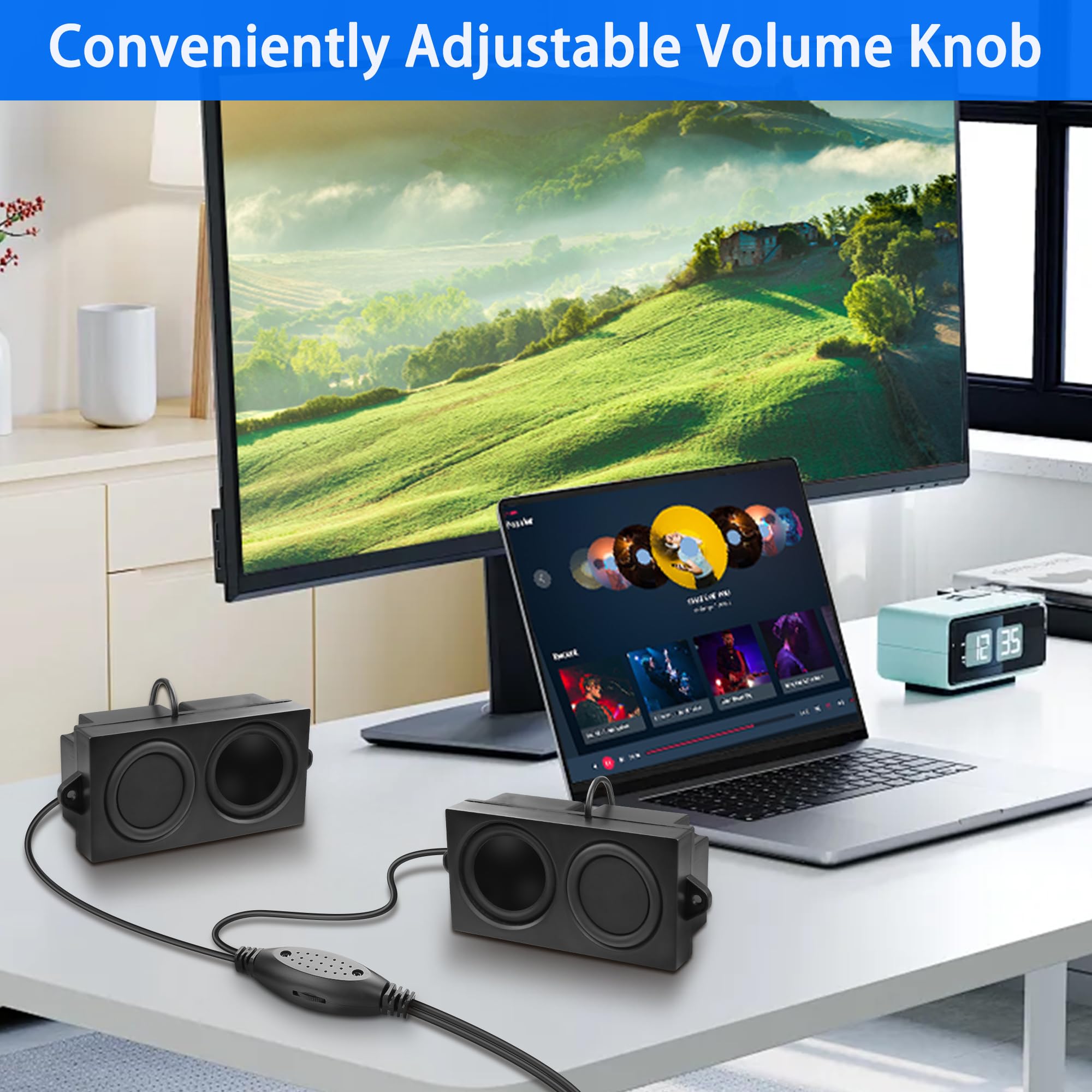 MEIRIYFA USB Powered Computer Speakers for PC, Laptop, Tablet - Mini HiFi Stereo Sound with 3.5mm AUX Jack & Volume Control (Black, 1.2M) - Perfect for Home Office, Gaming & Multimedia Entertainment