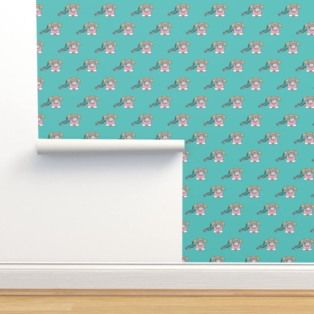 Peel & Stick Wallpaper 12ft x 2ft - Vintage Blue Retro Telephone Design, Turquoise Colorful Illustration, Custom Removable Wallpaper by Spoonflower | Perfect for Bedroom, Living Room & Home Office Decor