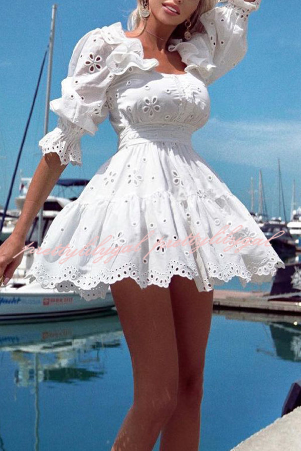Elegant Bell Sleeve Hollow Out High Waist Mini Dress for Women - Perfect for Commuting, Office Wear & Date Night Outfits