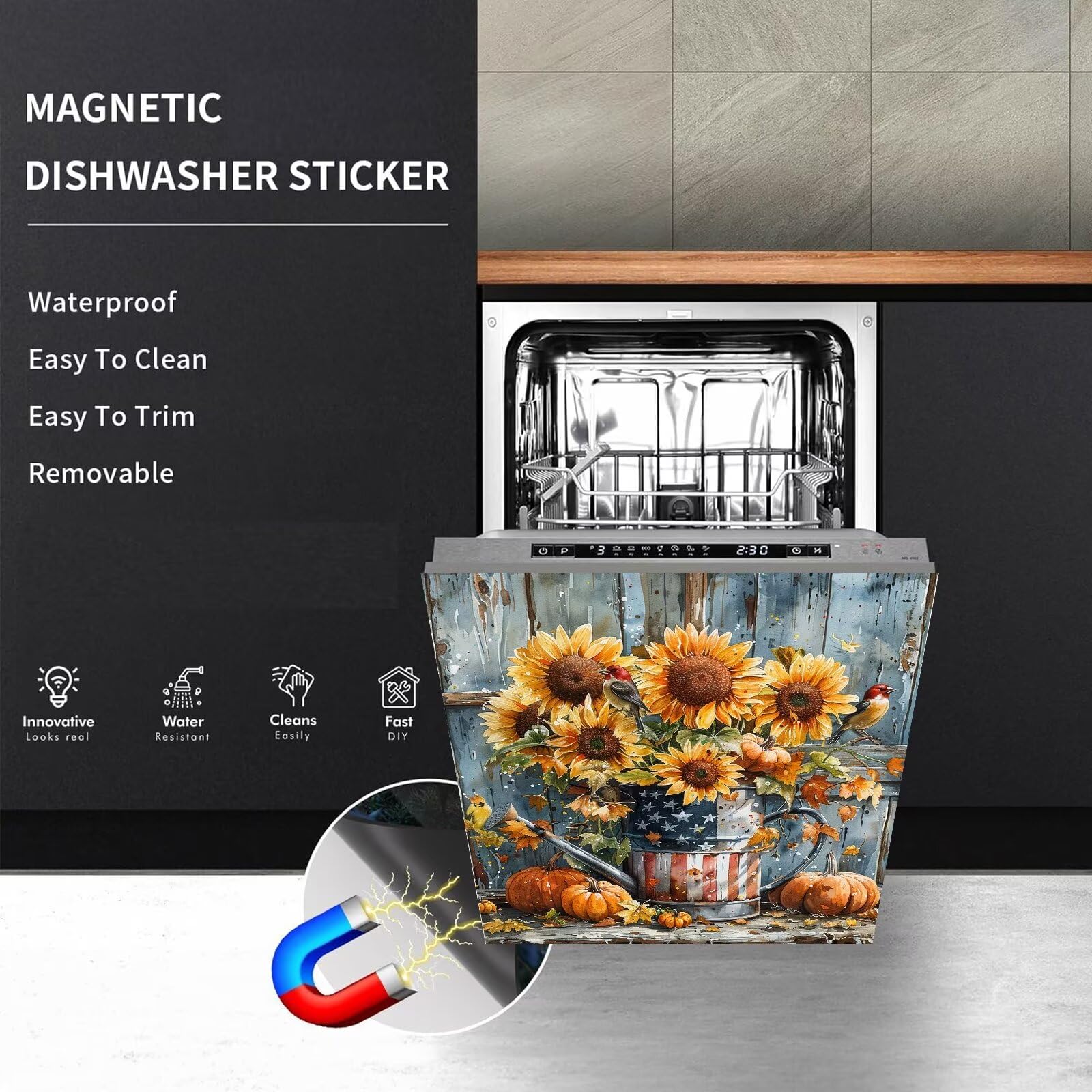 Fall Harvest Magnetic Dishwasher Cover Decal - Diamond Art Pumpkins, Sunflowers & Birds Design - Halloween Kitchen Decor Sticker (23