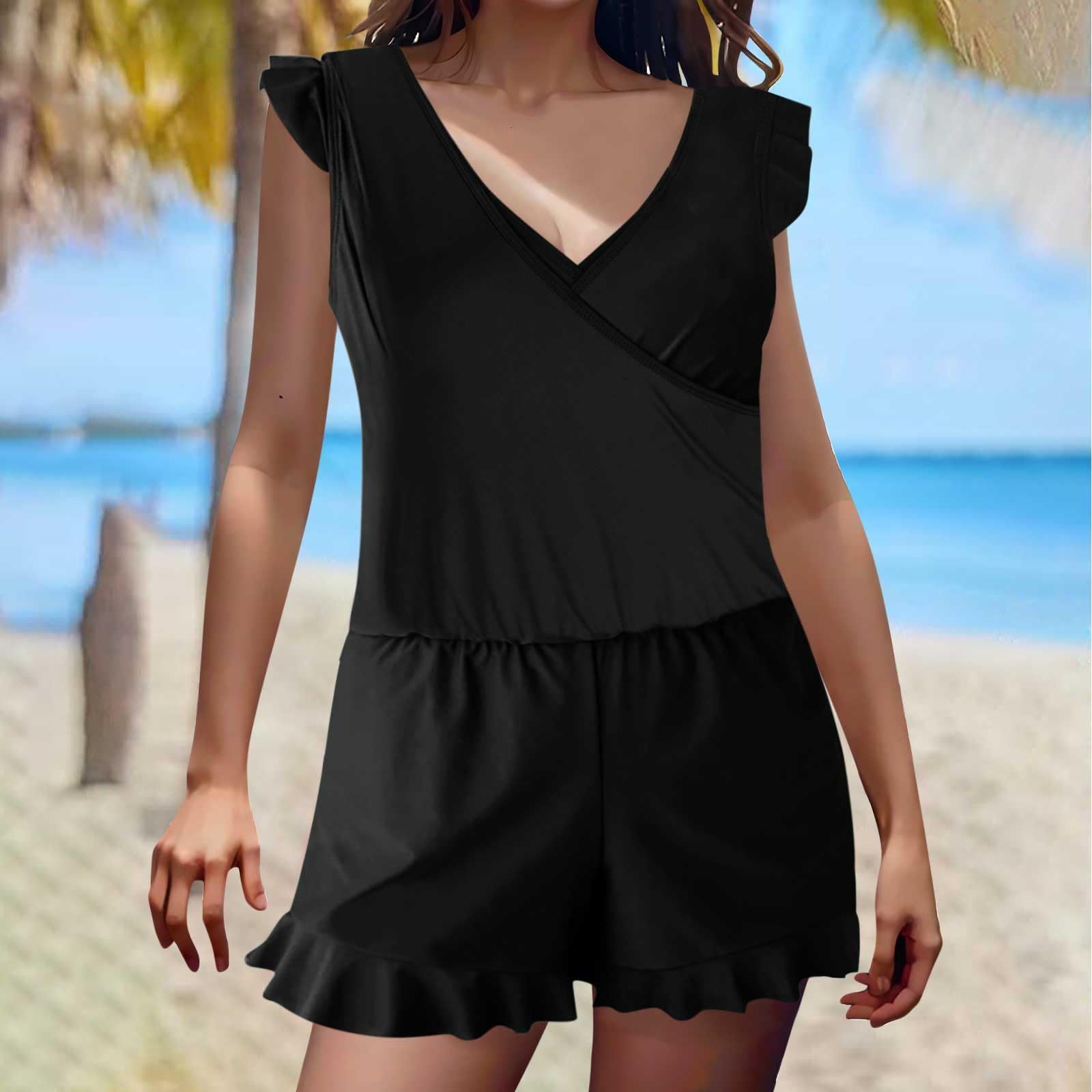 Women's Ruffle Sleeve Romper Swimsuits - One Piece Bathing Suit with Built-in Bra & Shorts | Perfect for Beach Vacations, Pool Parties & Summer Getaways