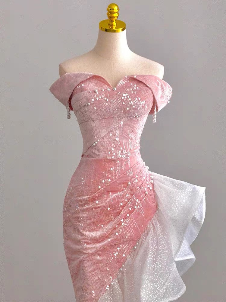 Elegant Off Shoulder Pink Mermaid Prom Dress with Ruffle Details J3221 - Perfect for Homecoming, Quinceañera & Evening Gala Events