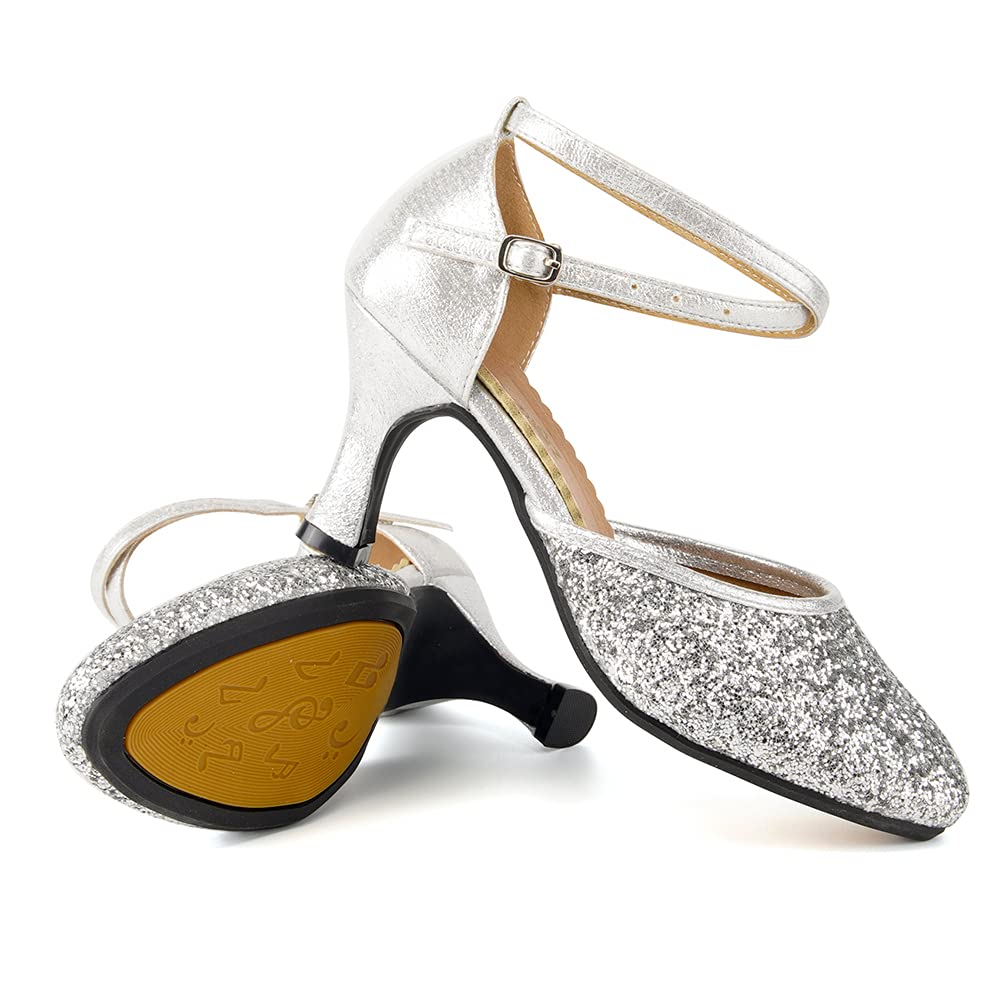 SWDZM Women's Glitter Latin Dance Shoes - Closed Toe Ballroom Salsa Heels for Women | Professional Dance Shoes for Latin, Salsa, Tango & Ballroom | Perfect for Dance Competitions, Performances & Party Events