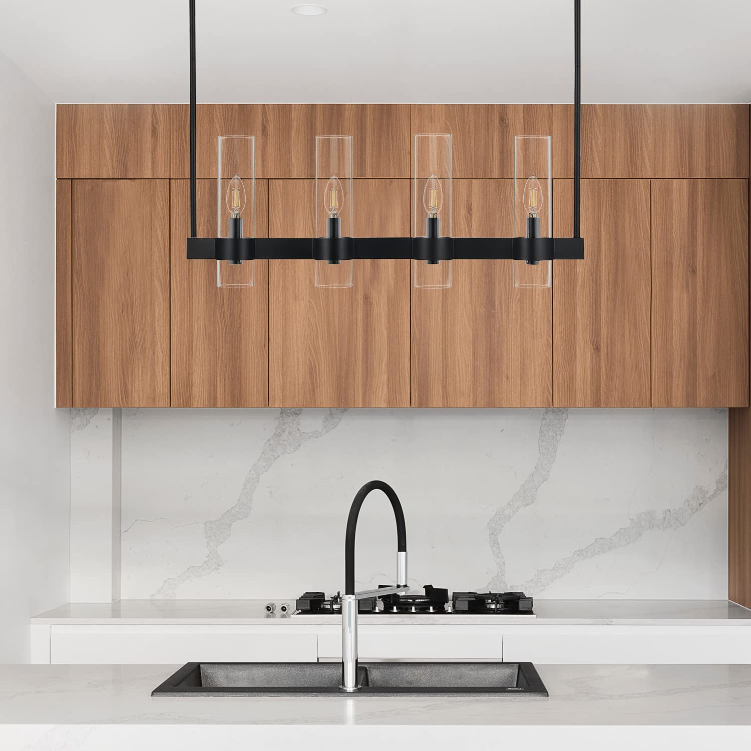Liara Teramo Black Kitchen Island Lighting - 30 Inch 4 Light Modern Farmhouse Linear Chandelier for Dining Room & Breakfast Nook - Rectangle Pendant Light Fixture for Rustic & Contemporary Home Decor