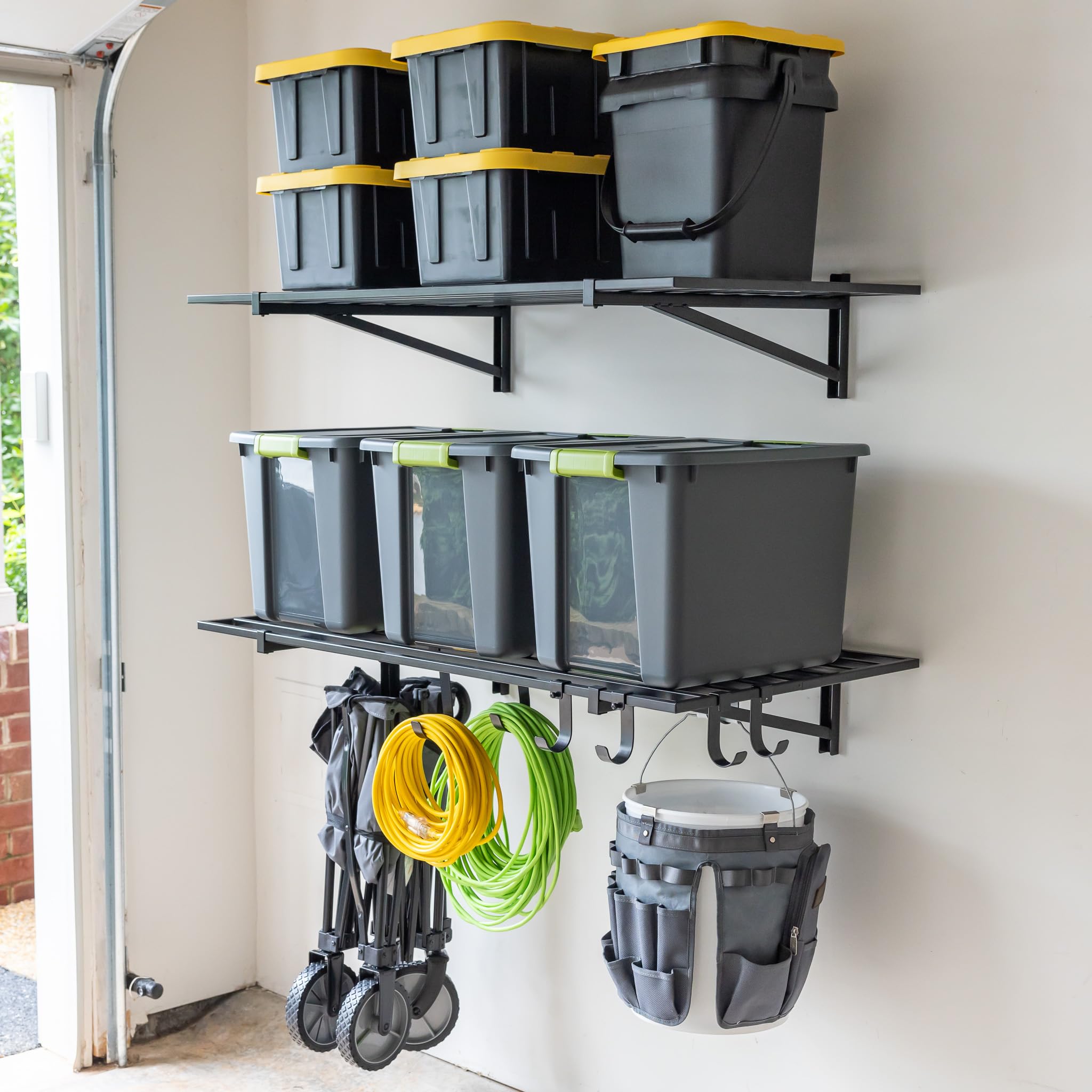 StoreYourBoard 2 Pack Heavy Duty Garage Wall Shelves - 2' x 4' Wall Mount Storage Shelf with Hooks, Holds 200 lbs Each - Perfect for Bike, Ladder, Tool & Sports Equipment Organization
