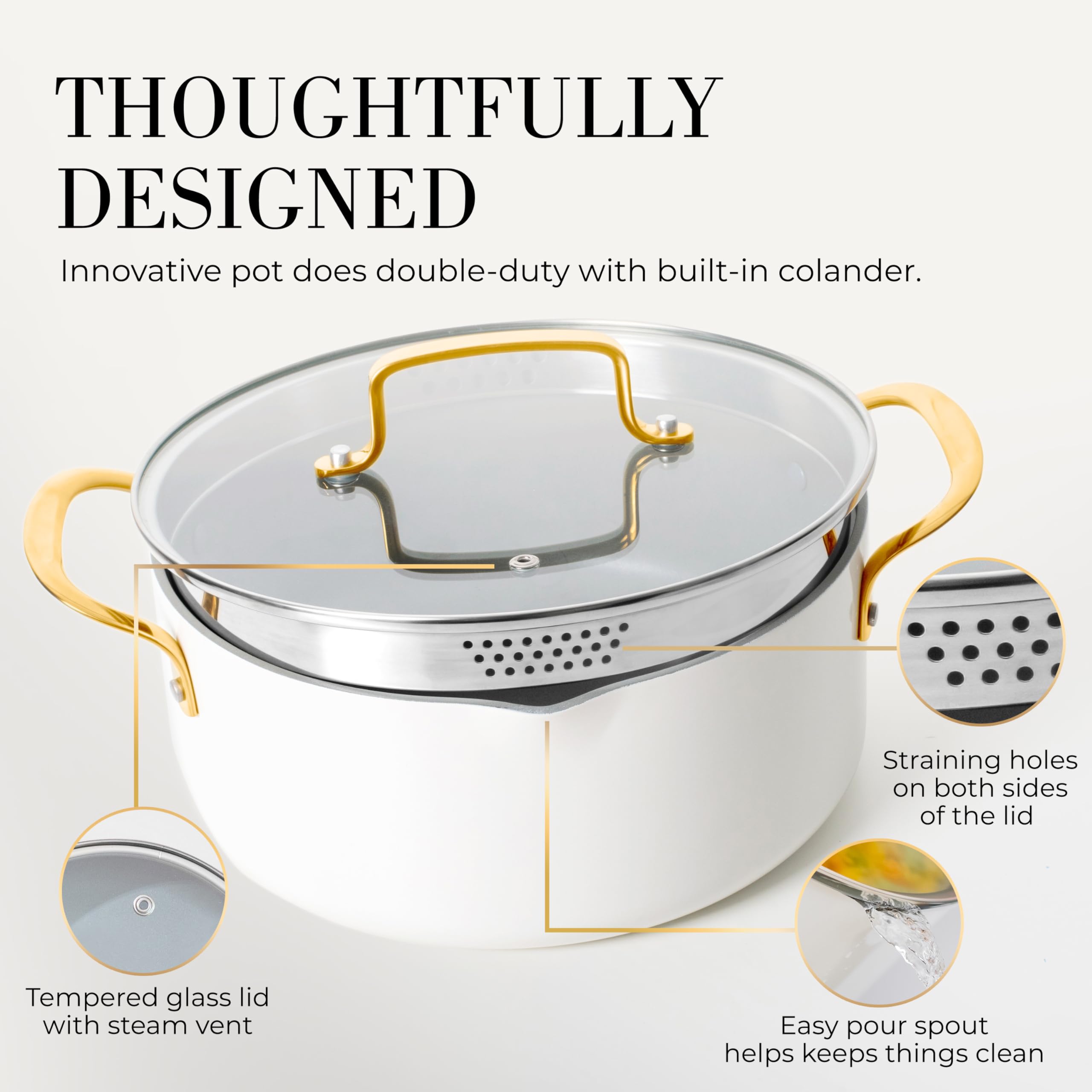Premium 15-Piece White & Gold Nonstick Cookware Set - Heavy Gauge, PFOA-Free, Oven & Dishwasher Safe, Induction Compatible Pots & Pans for Modern Kitchens - Ideal for Cooking, Baking & Entertaining