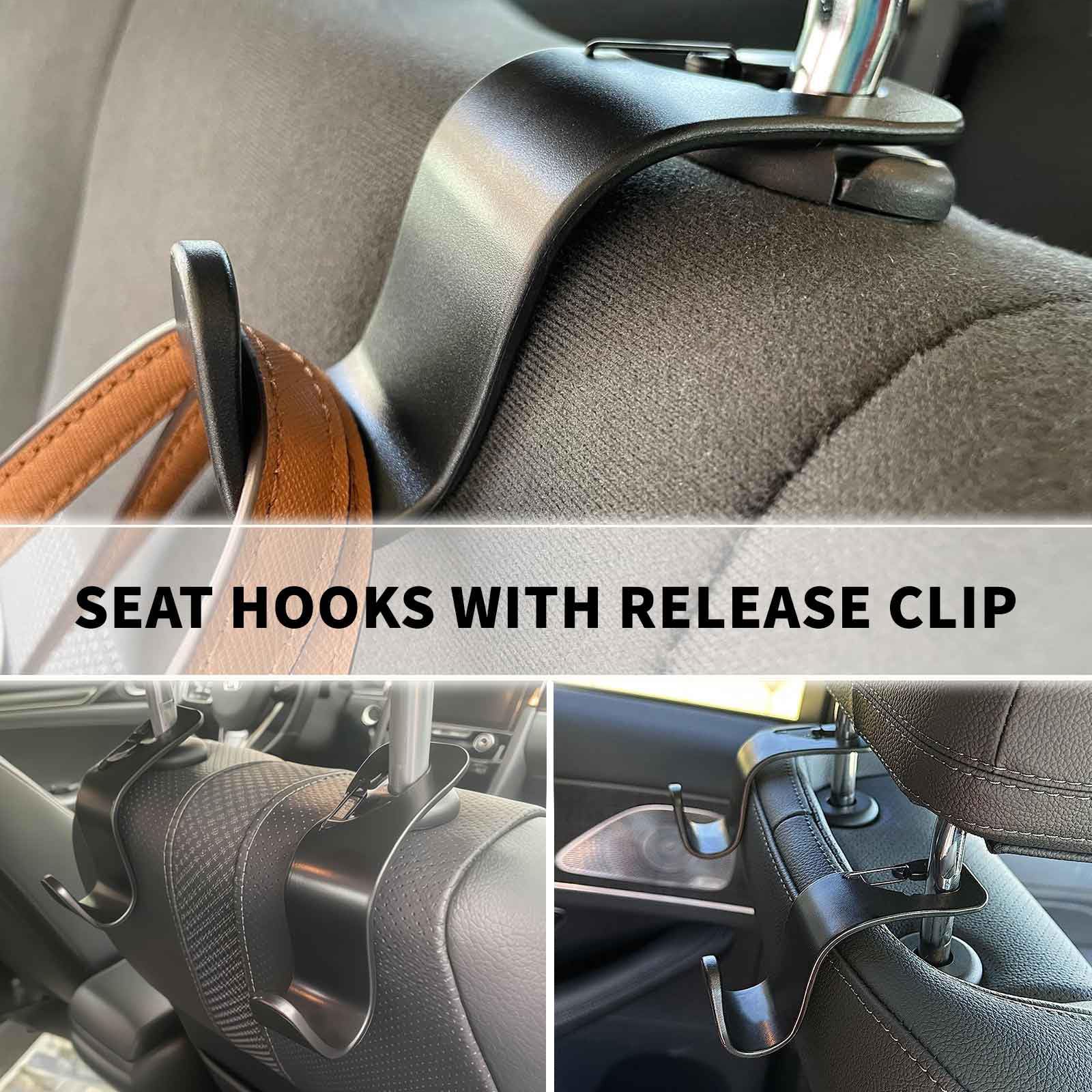 Car Seat Headrest Hooks with Quick-Release Clip - 4 Pack Heavy Duty Bag Hangers for Purses, Groceries, Backpacks & Jackets - Perfect for Road Trips, Shopping & Daily Commute