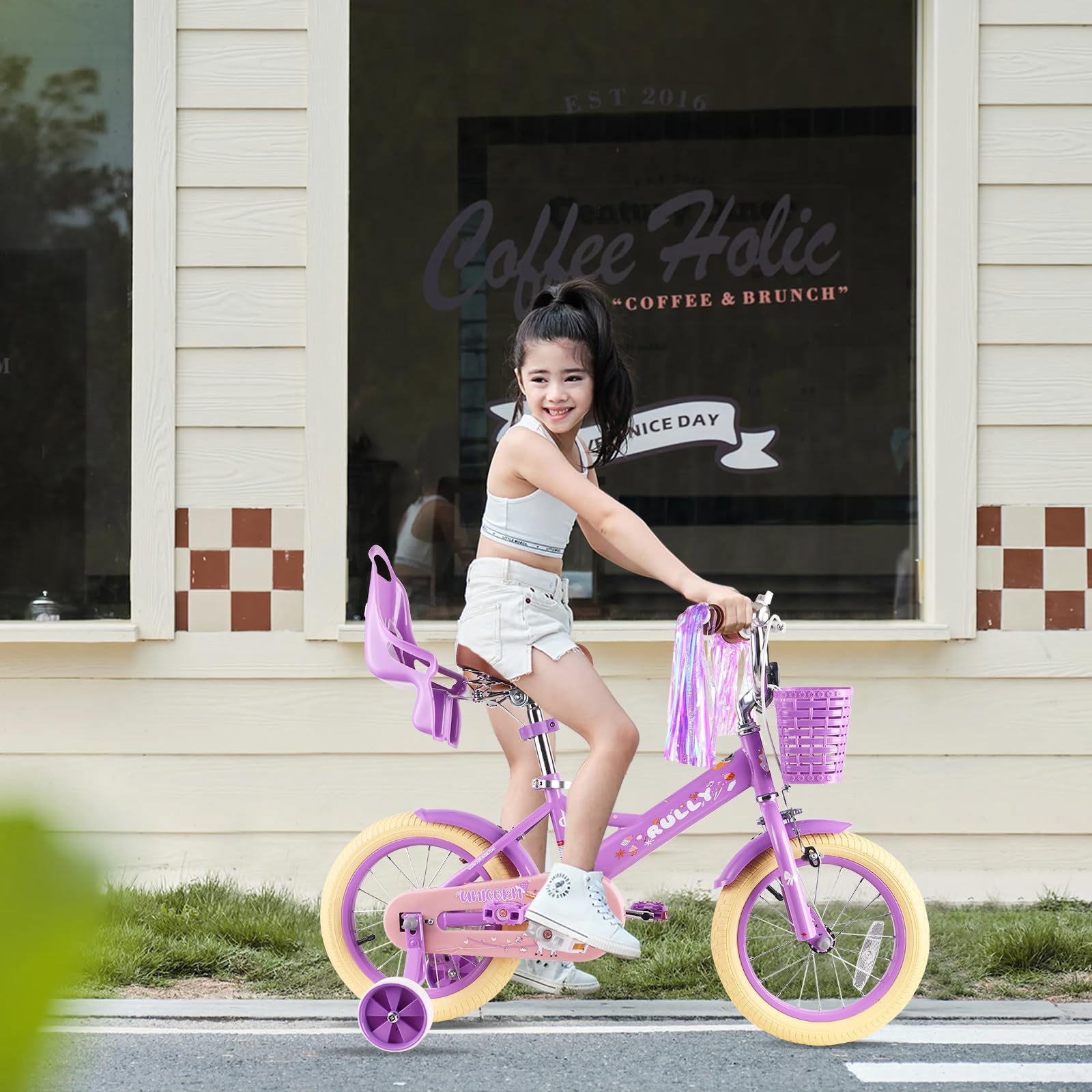 RULLY 12 14 16 Inch Kids Bike for Girls Ages 2-7 Years - Training Wheels, Front Handbrake, Basket & Streamers - Perfect for Neighborhood Rides, Park Adventures & Learning to Cycle