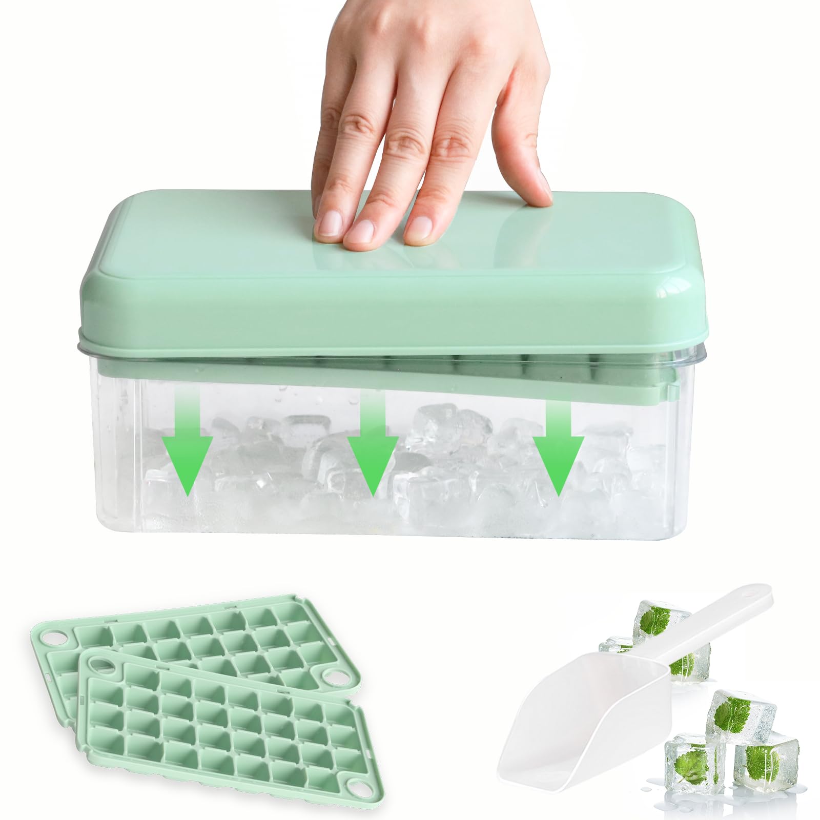 60-Piece Stackable Ice Cube Tray with Lid & Bin - Easy Release Ice Maker for Freezer, Perfect for Cocktails, Whiskey, Chocolate, Tea & Coffee (Green) - Ideal for Home Bars, Parties & Daily Beverages