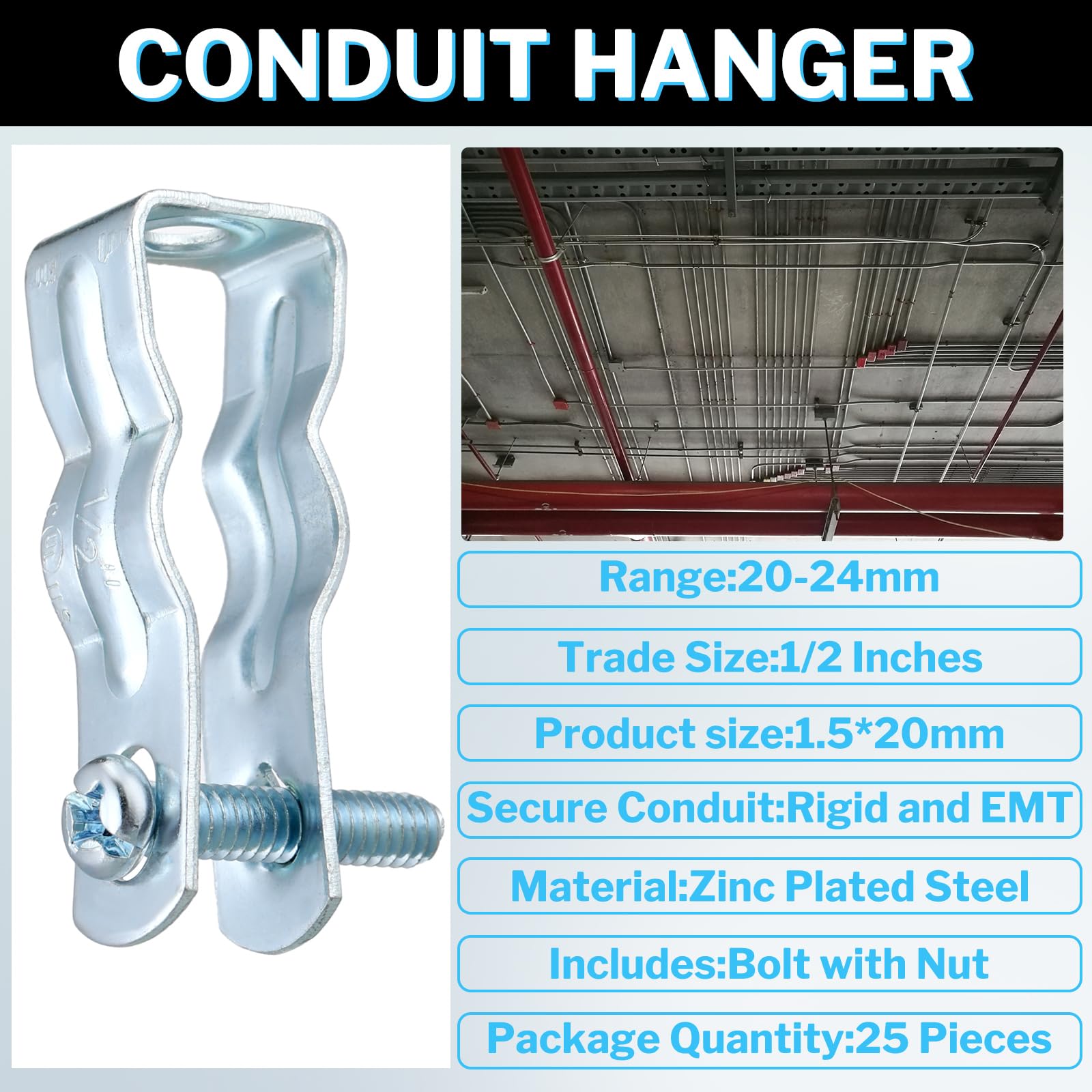 25 Pcs 1/2 Inch EMT Conduit Hangers with Bolt - Galvanized Metal Conduit Clamps & Strut Straps for Threaded Rods or Insulated Supports - Heavy Duty Rigid Pipe Fittings Mounting for Electrical Wiring, HVAC & Plumbing Installations