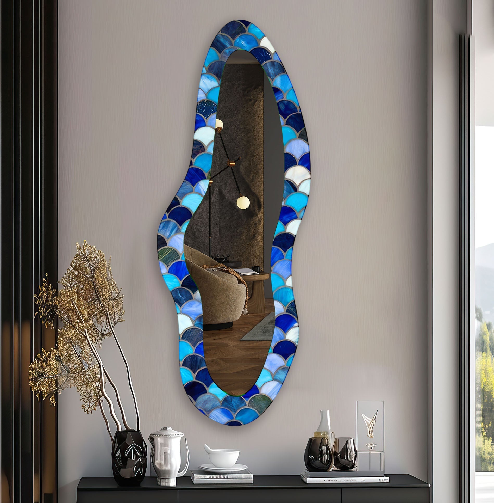 Handmade Blue Stained Irregular Long Glass Wall Mirror - Unique Boho Decor for Living Room, Bedroom & Entryway