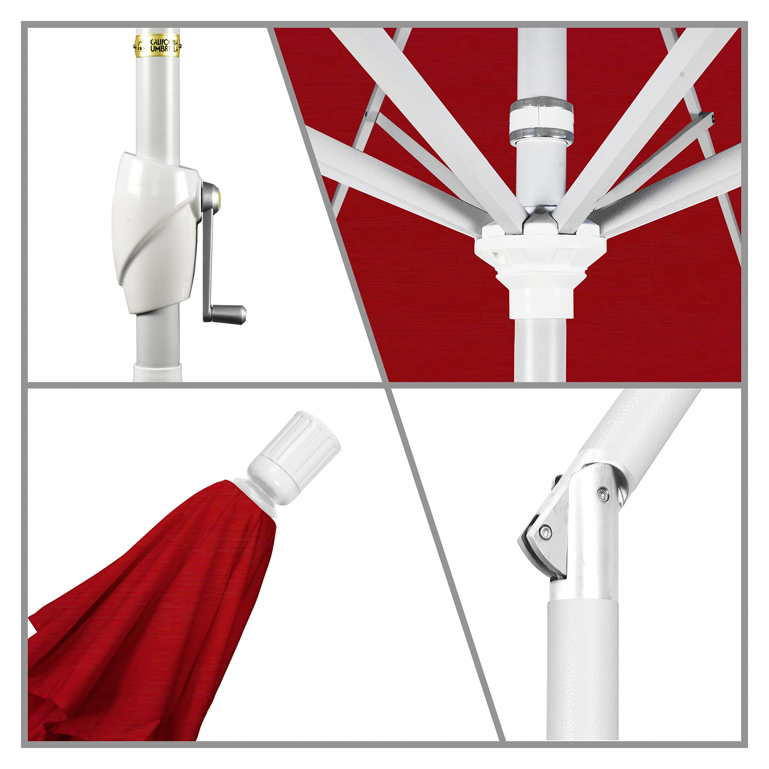 California 9' Round Aluminum Market Umbrella with Crank Lift & Push Button Tilt - White Pole for Patio, Garden, Poolside, and Outdoor Dining