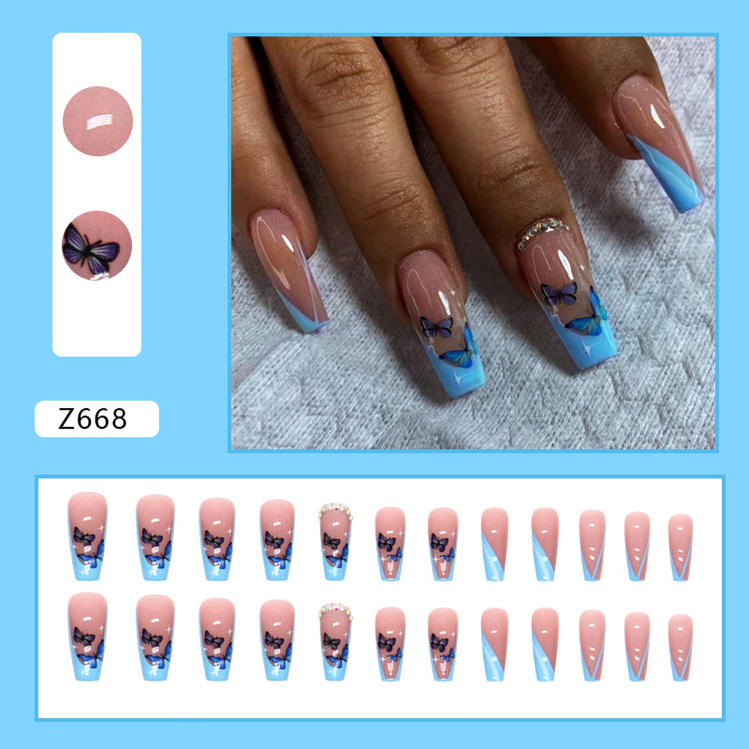 Elegant Blue French Tip Press on Nails with Butterfly Rhinestones - Medium Length Fake Nails, 24PCS Full Cover Glue on Acrylic Artificial Nails - Perfect for Parties, Weddings, and Special Occasions