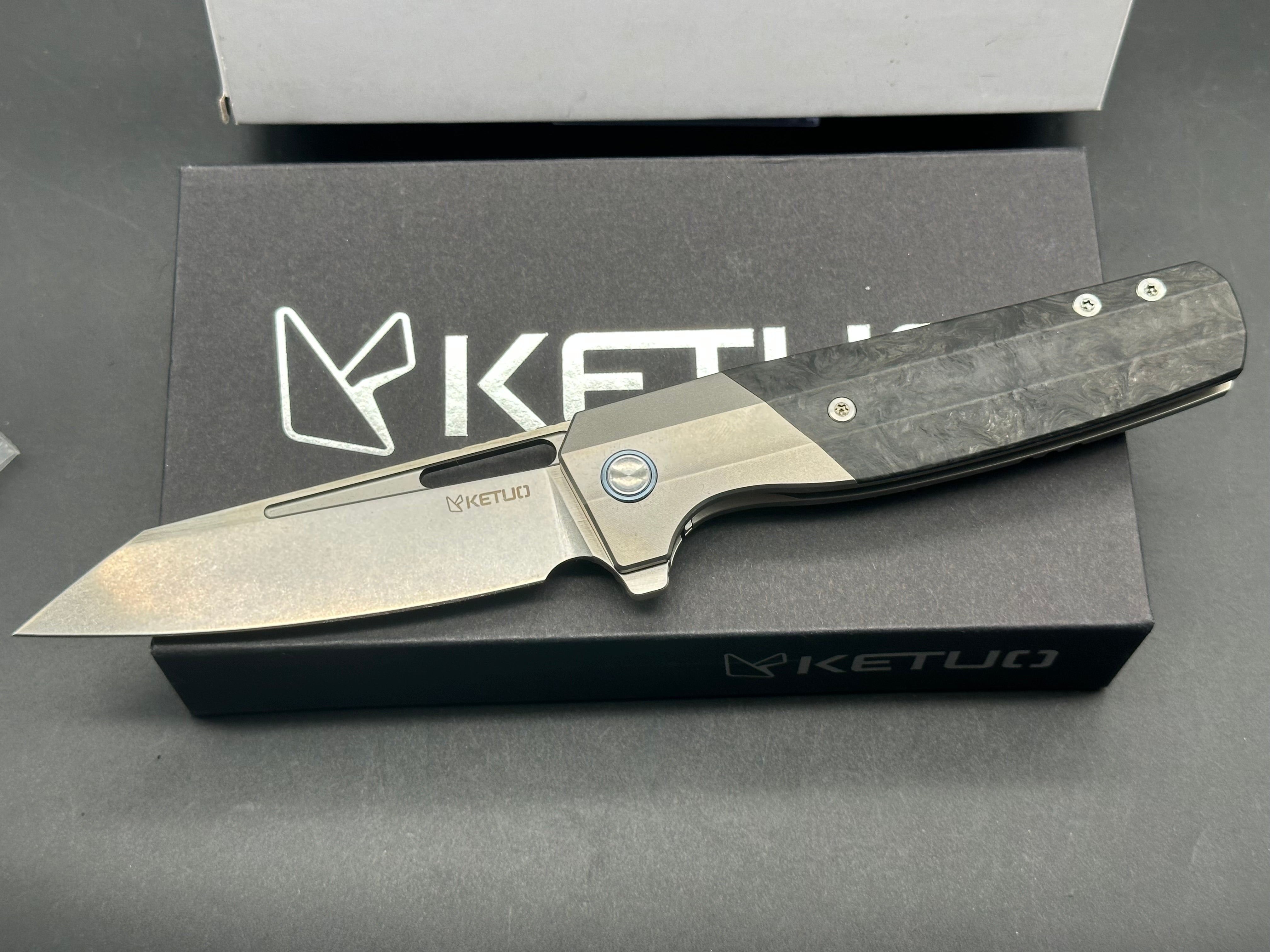 Ketuo Knife - Premium Kamasu/Ti Liners Ti Bolster with Marble Carbon Inlays, Wharncliffe Blade in Satin M390 Steel | Tactical EDC, Outdoor Survival, Camping & Kitchen Use