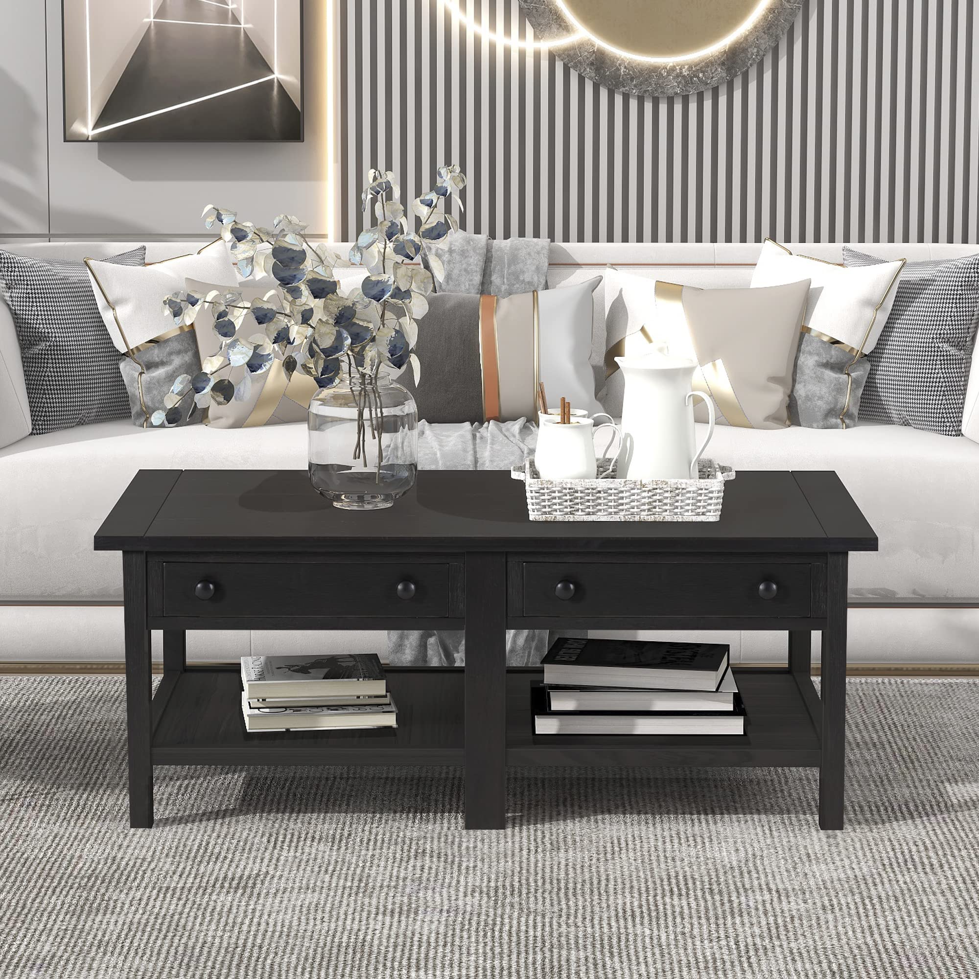 Solid Wood Coffee Table with 2 Drawers & Open Shelf - Large Storage American Classic Cocktail Table for Living Room, Office - Espresso Finish - Perfect for Entertaining, Relaxing & Home Decor