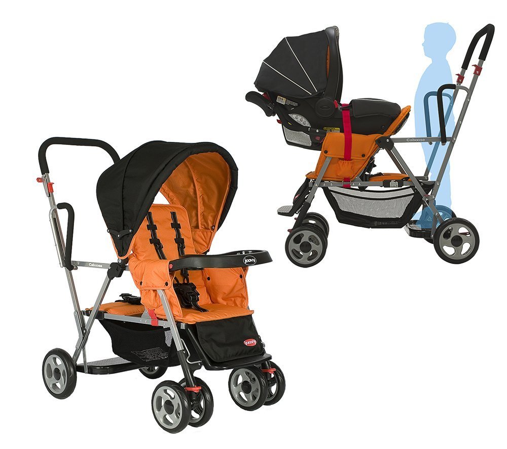 Joovy Caboose Sit and Stand Double Stroller - 3-Way Reclining Seats with Rear Bench & Standing Platform | Universal Car Seat Adapter | Amber | Perfect for Twins, Siblings & Urban Outings