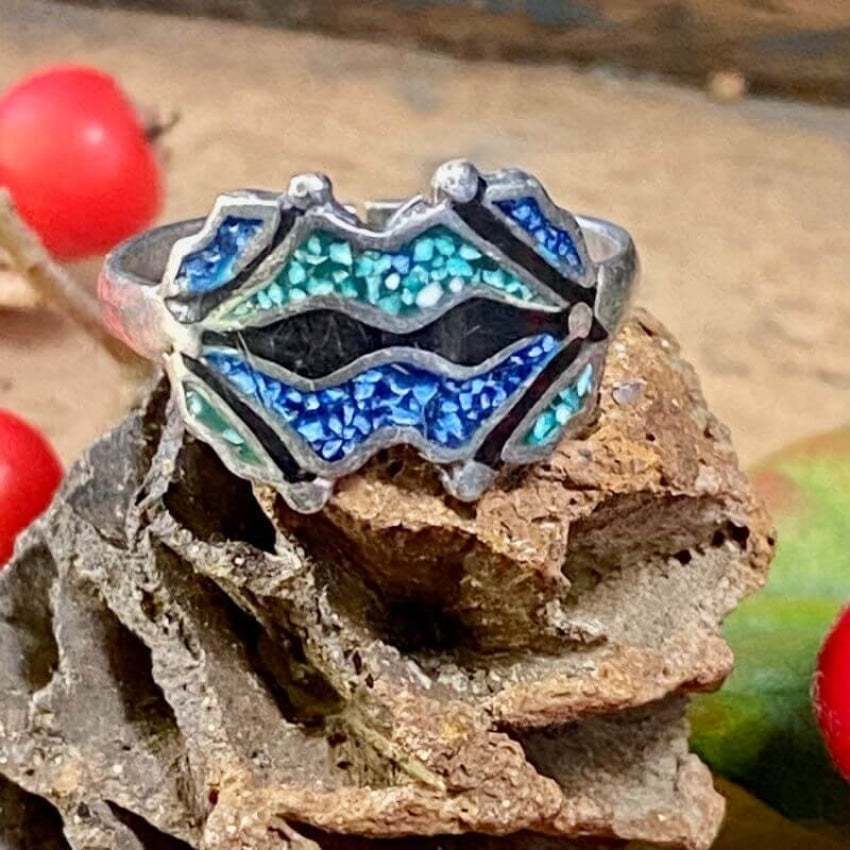 Tiny Sterling Silver Chip Mosaic Inlay Ring from Taxco Mexico - Handcrafted Jewelry for Women, Perfect for Everyday Wear & Special Occasions