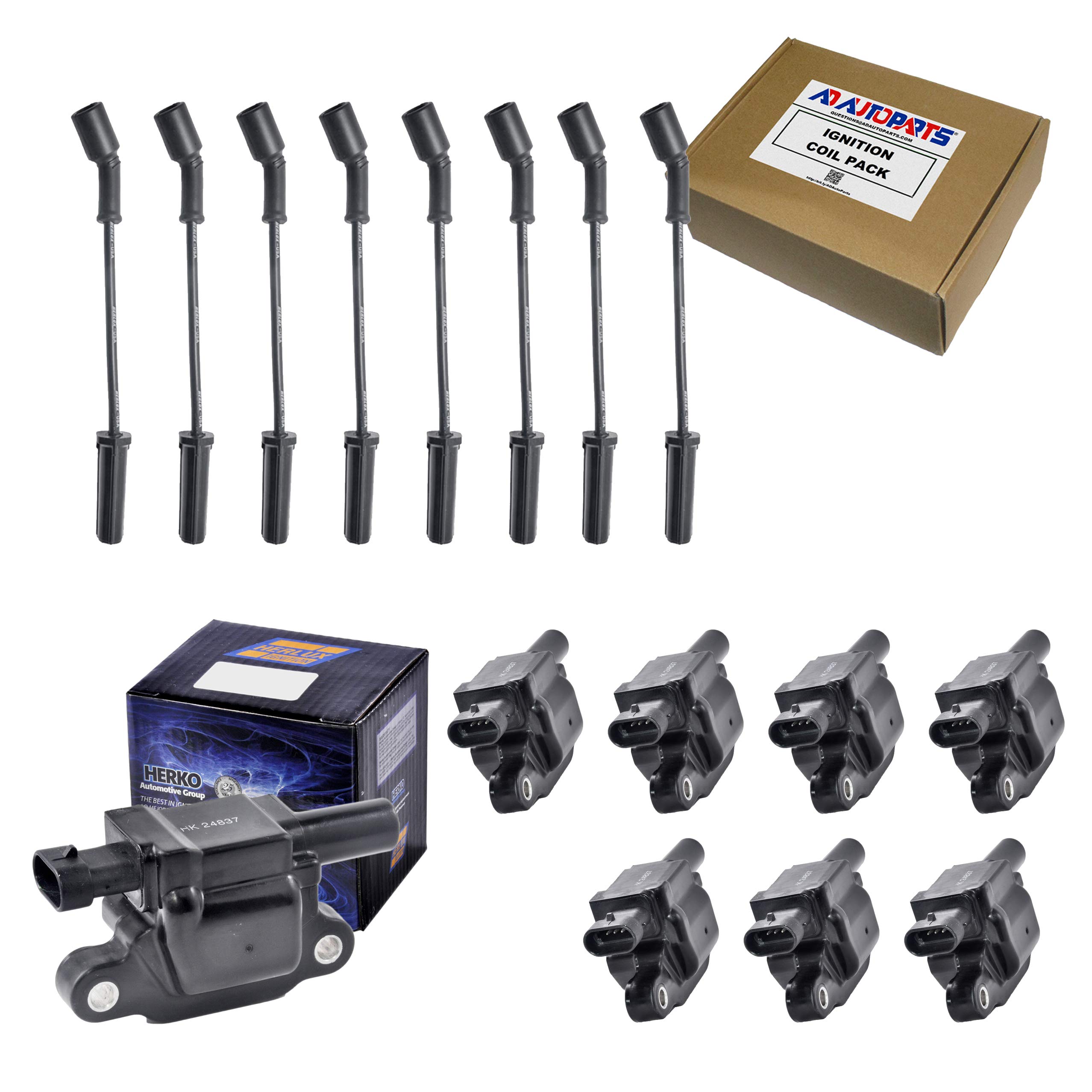 Herko B058 Ignition Coil Set of 8 with WGM48 Spark Plug Wires - Compatible with Ford, Chevy, Dodge - Perfect for Engine Tune-Ups & Performance Upgrades