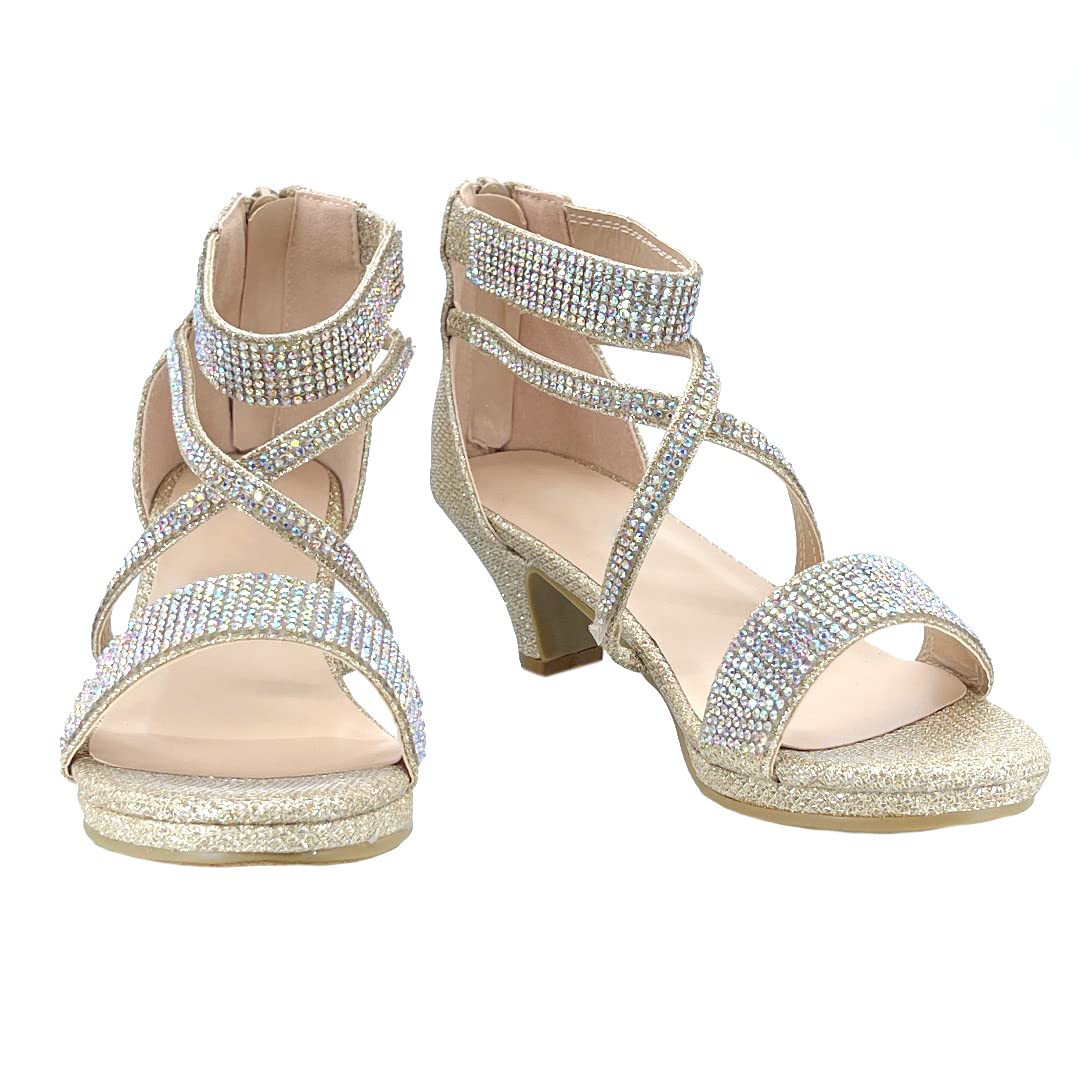 ABSOLEX Girls' Dressy Rhinestone Cross-Strap Open-Toe Low Heel Sandals - Toddler/Little Kid/Big Kid Sizes - Perfect for Weddings, Parties & Special Occasions