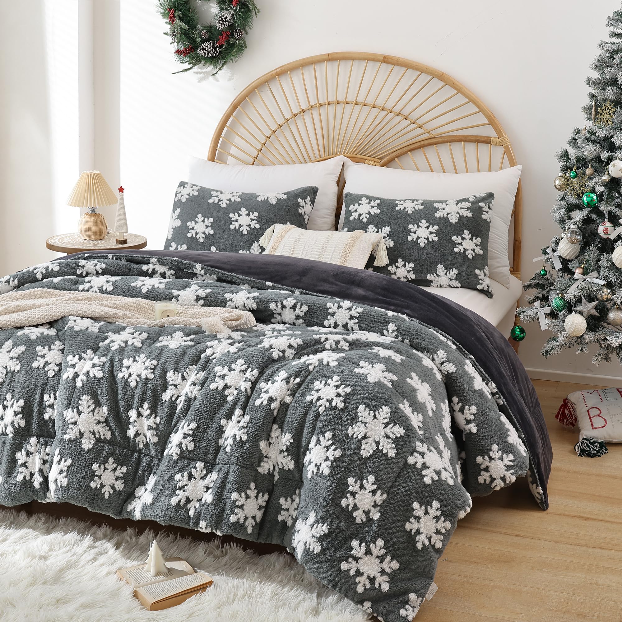 JANZAA Grey Velvet Christmas Comforter Set Queen - 3 Piece Soft Fluffy Bedding with White Snowflake Design for Holiday Decor & Cozy Winter Nights