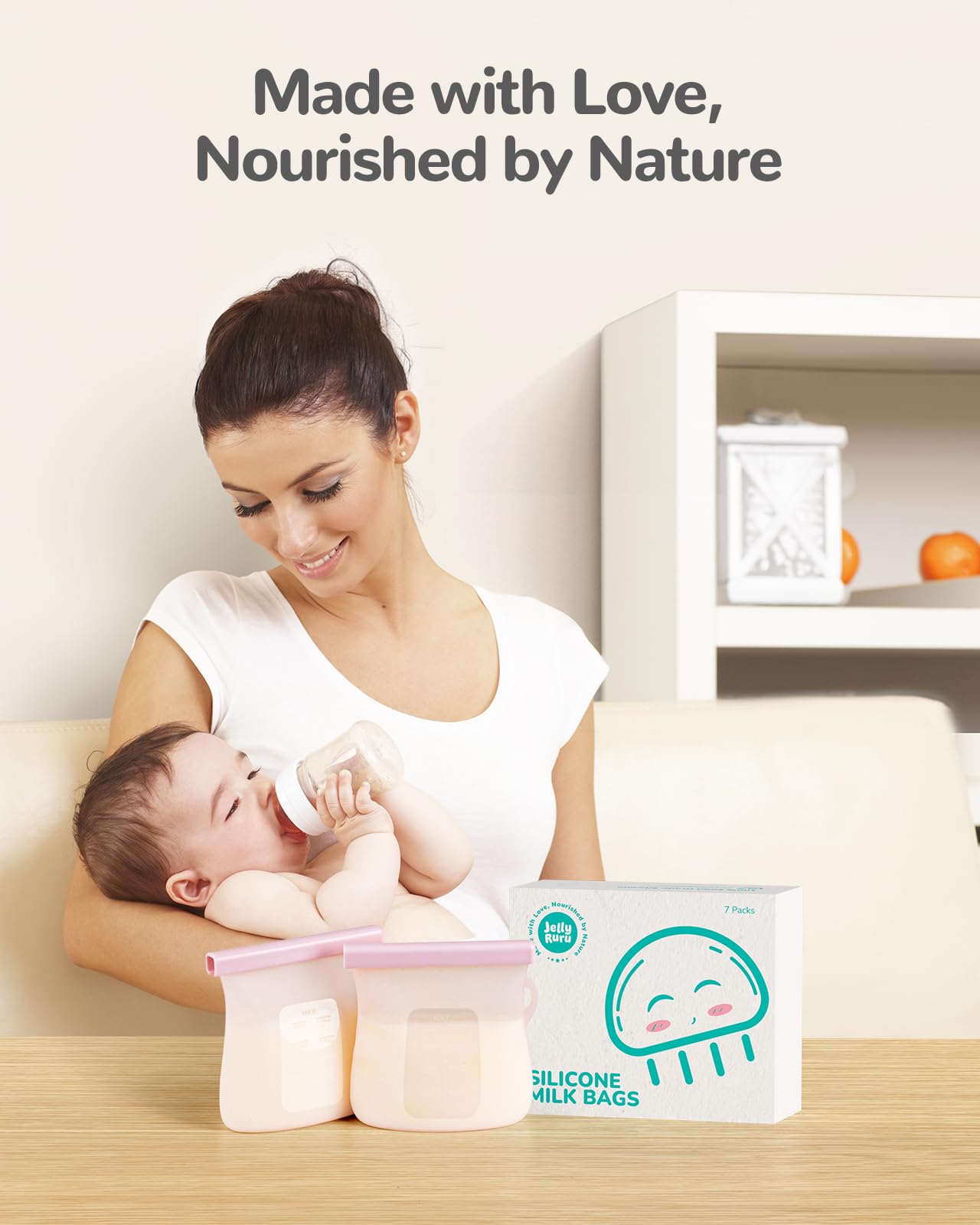 JellyRuru 7-Pack Reusable Breast Milk Storage Bags - 8.5oz/250ml BPA-Free Silicone Freezer Containers for Breastmilk - Leakproof, Self-Standing Baby Food Storage Bags - Perfect for Pumping, Freezing & Organizing Breast Milk at Home or On-the-Go