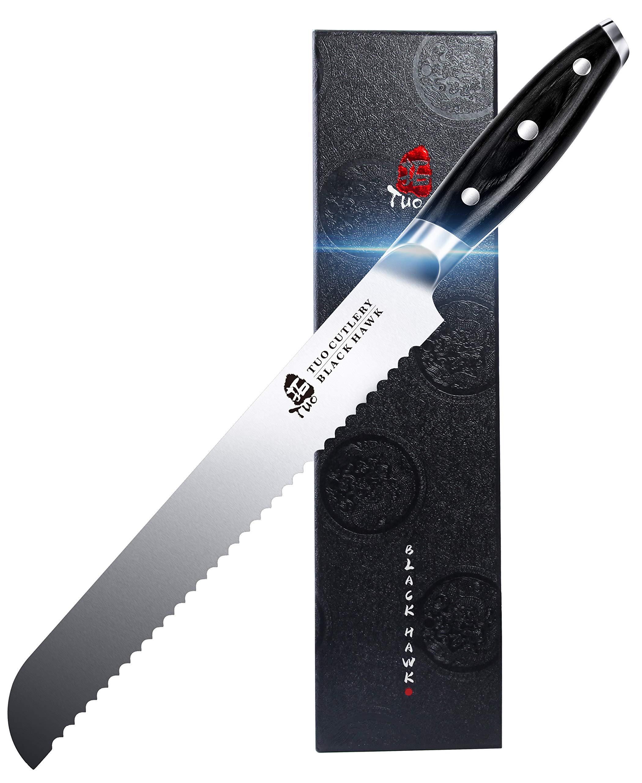 TUO 9-Inch Serrated Bread Knife - German High Carbon Steel Bread Slicer & Cake Knife - Full Tang Pakkawood Handle (Black Hawk Series with Gift Box) - Perfect for Slicing Fresh Bread, Pastries, and Soft Cakes