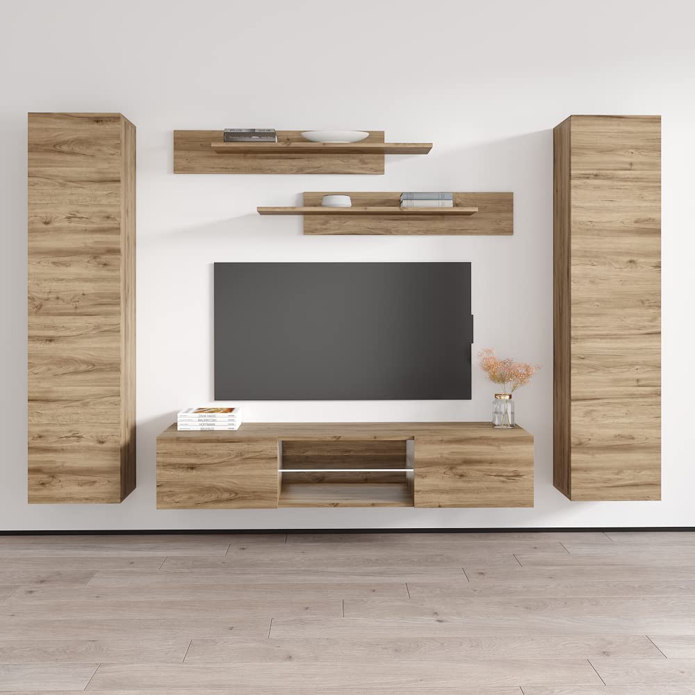 Modern Oak Wall-Mounted TV Stand with Storage Shelves & LED Lights - Floating Entertainment Center Console for Living Room & Bedroom - Perfect for Small Spaces, Home Theater Setup, and Stylish Home Decor - Meble Furniture Fly AB1 33TV Stand