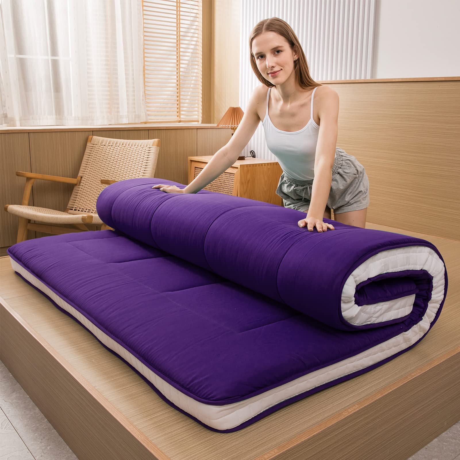 MAXYOYO Twin Bed Mattress - Japanese Floor Futon Mattress for Camping & Home Use | Foldable Portable Twin Mattress Pad Topper | Purple Single Floor Bed | Perfect for Guest Rooms, Dorms, Camping & Small Spaces
