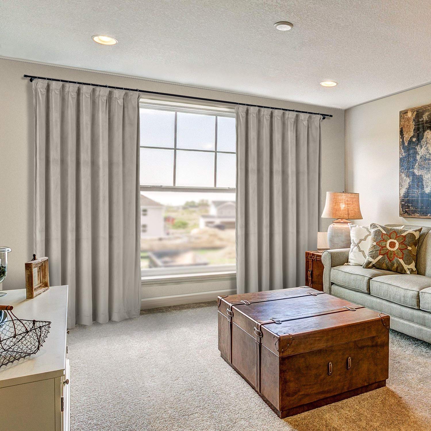 Premium Thermal Insulated Blackout Curtains - Gray Beige Velvet Room Darkening Drapes for Bedroom & Living Room - 72x72 Inches (1 Panel) - Noise Reducing, Energy Saving Window Treatments for Better Sleep & Privacy