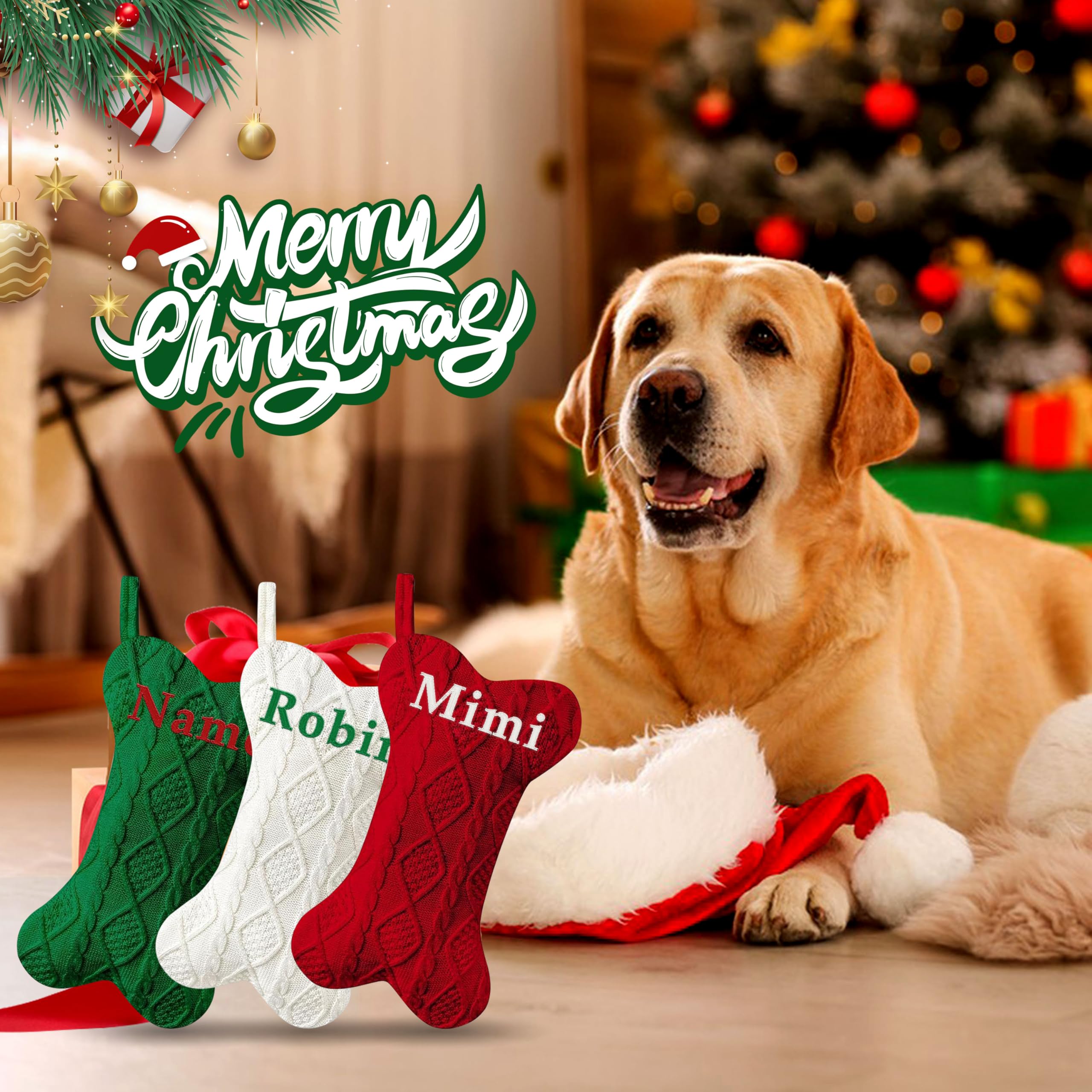 Personalized Pet Christmas Stocking - Large Custom Embroidered Name Stocking for Dogs & Cats, Bone-Shaped Holiday Stocking for Fireplace Decor - Perfect for Family Christmas Celebrations & Pet Lovers Gift (1 Piece)