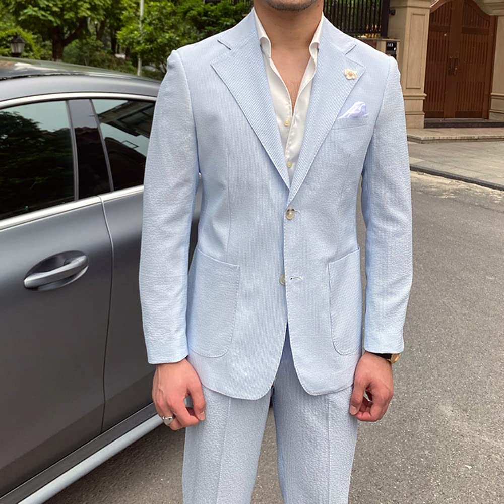 HZUOU Men's Slim Fit Striped Seersucker Suit 2-Piece Set - Wedding Tuxedo & Summer Beach Leisure Outfit | Breathable Lightweight Formal & Casual Wear for Weddings, Parties, Vacations